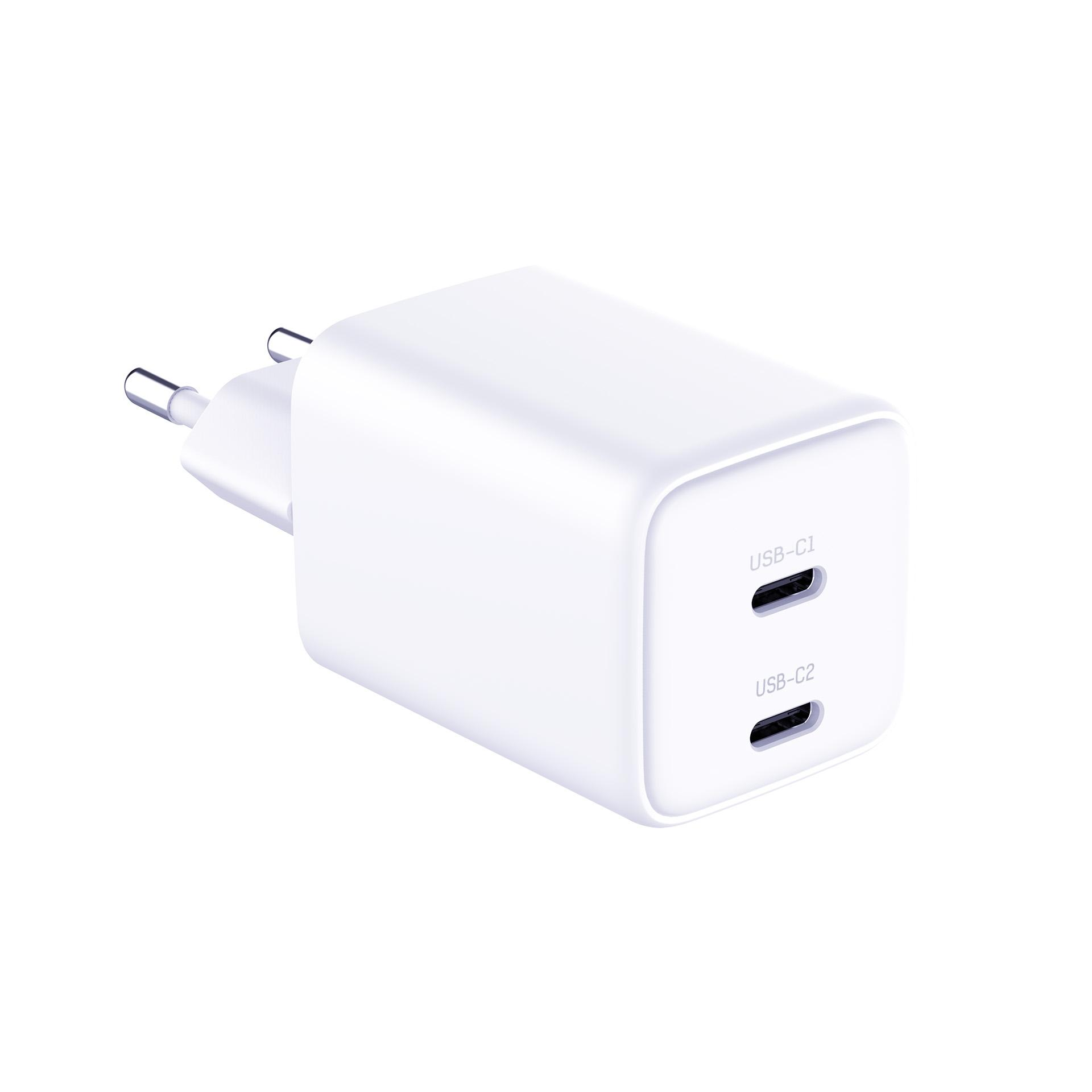 Biała ładowarka USB z dwoma portami oznaczonymi USB-C1 i USB-C2. Ma wtyczkę UE. Tło jest białe.