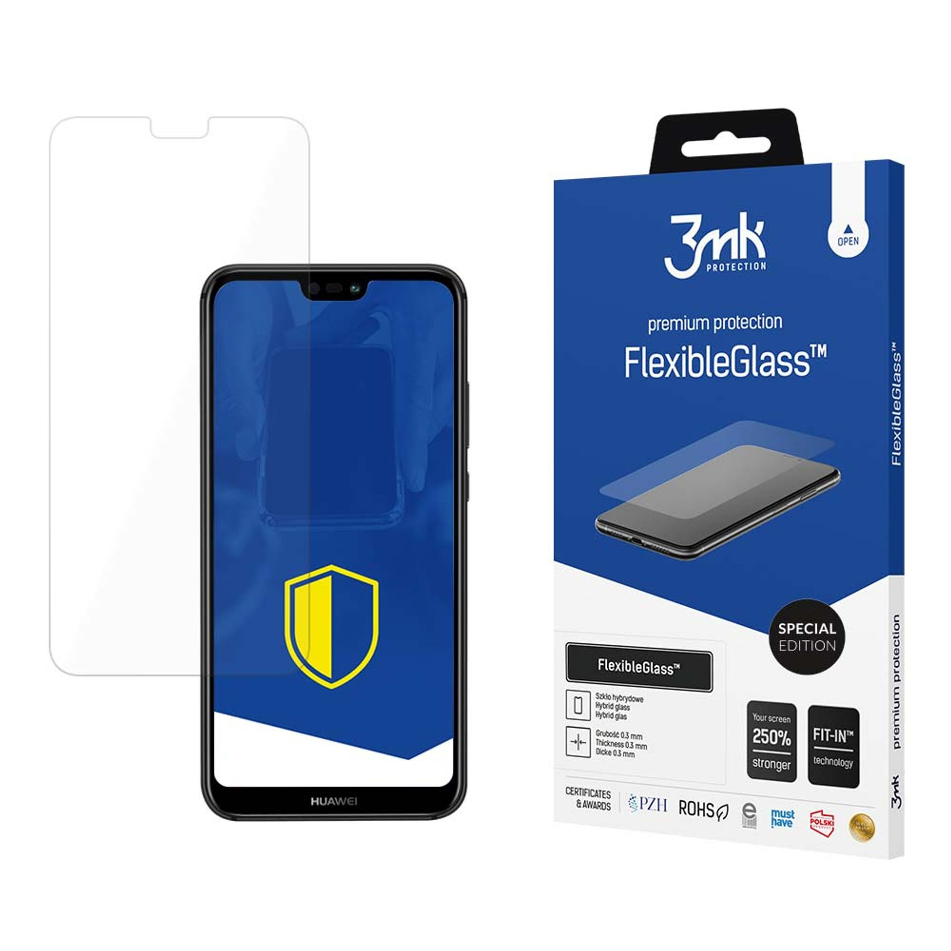 Un telefono e una scatola di protezione dello schermo. Il telefono mostra uno schermo blu con un logo. La scatola è blu con il nome del prodotto.
