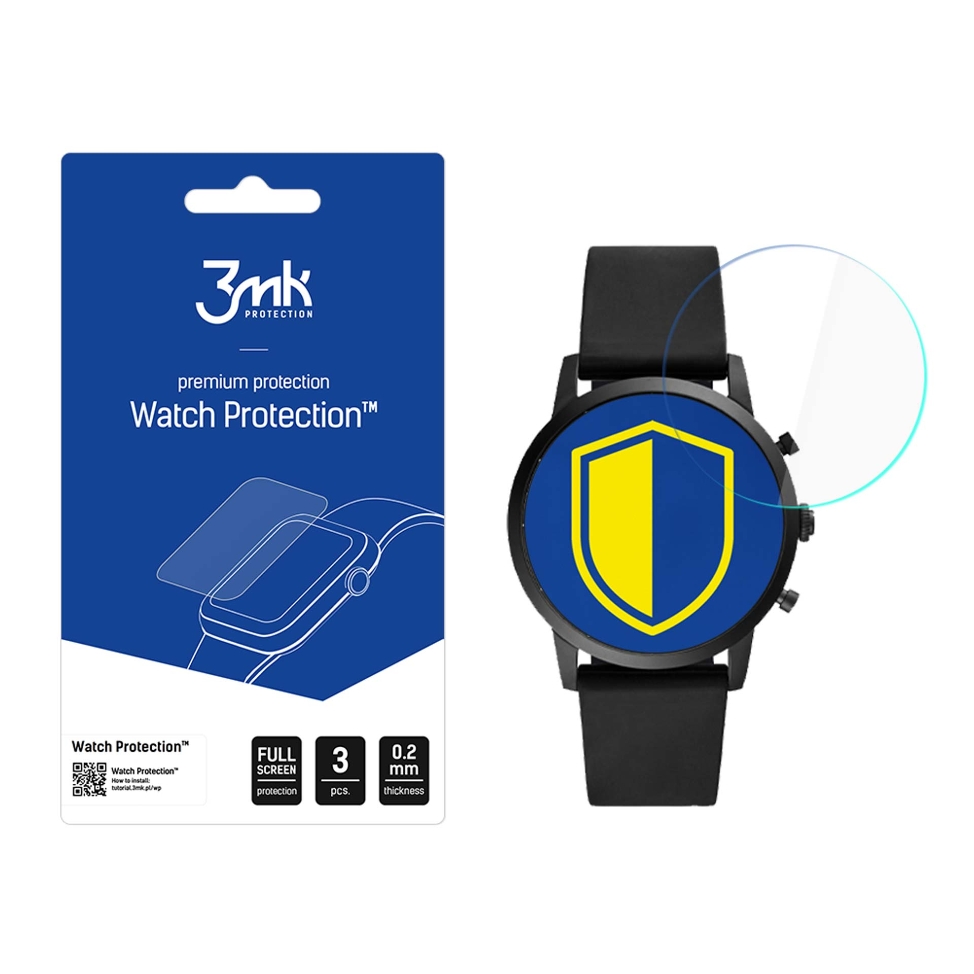 Un orologio e una confezione di protezione dello schermo. L'orologio ha uno scudo giallo e blu sullo schermo. Confezione blu.