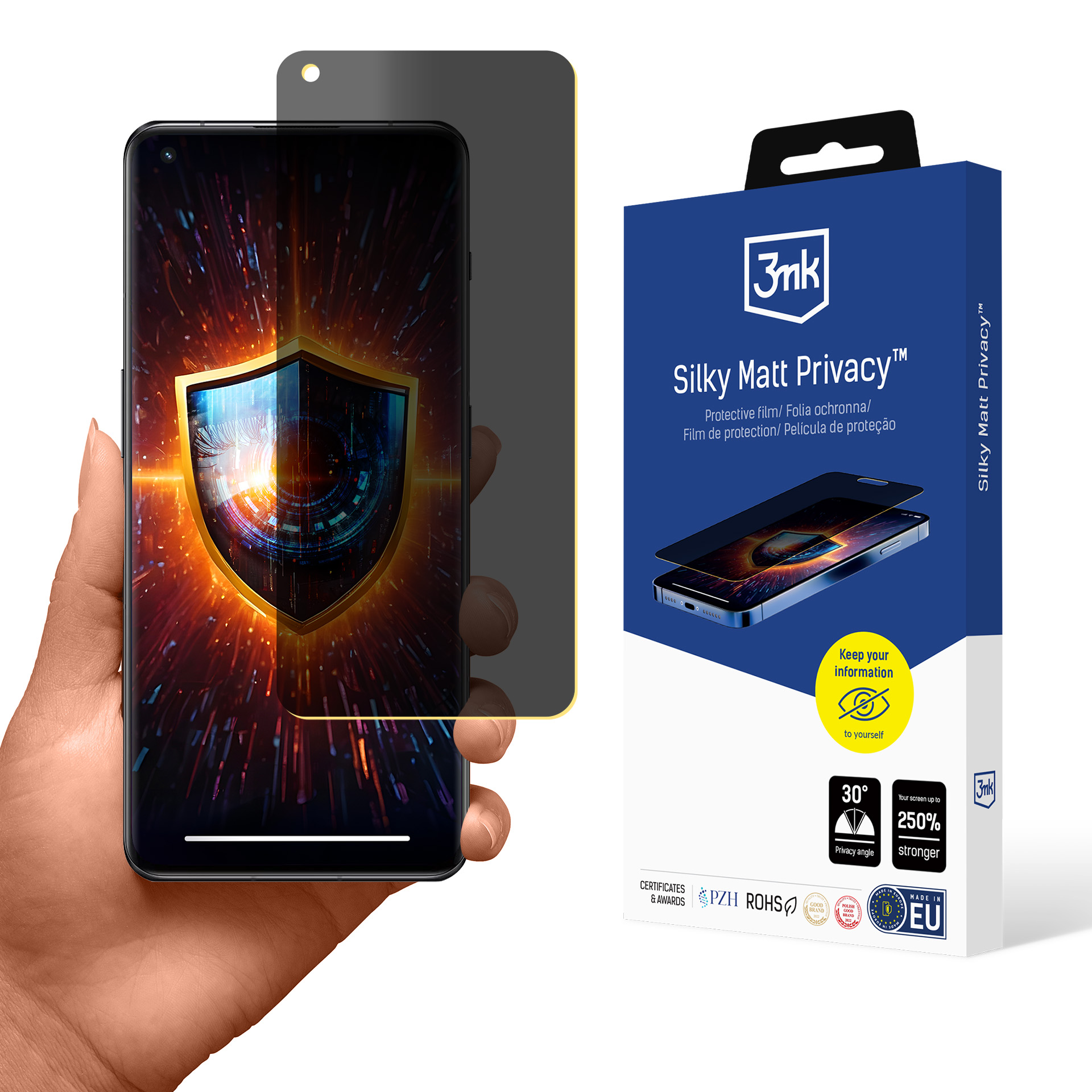 Una mano tiene uno smartphone con schermo privacy. A destra, una scatola di 'Silky Matt Privacy'.