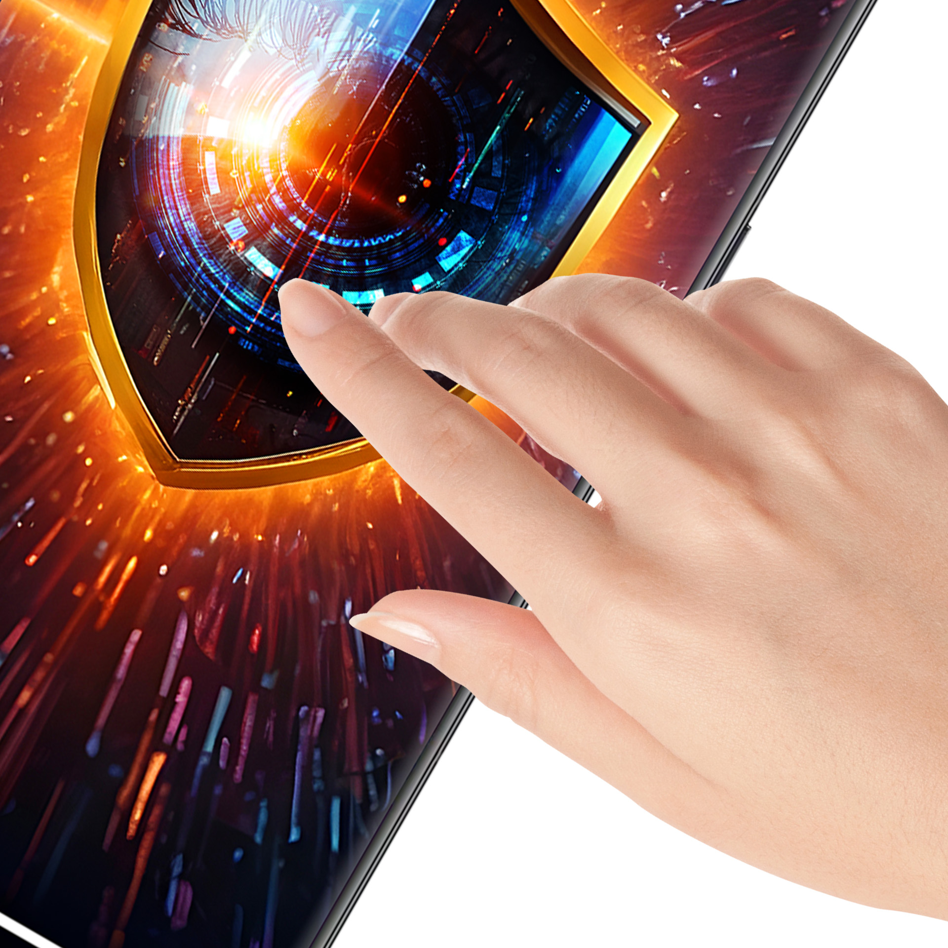 Una mano tocca lo schermo di un telefono che mostra uno scudo d'oro con un design digitale blu e arancione.