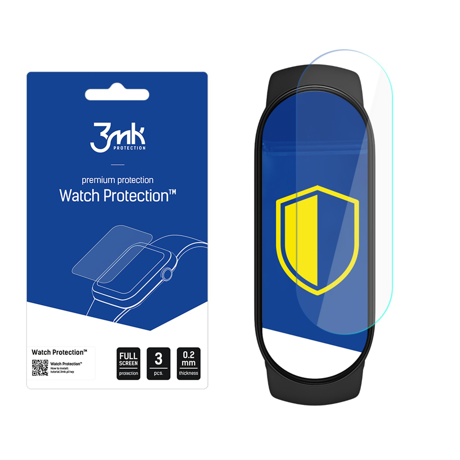 Una confezione di protezione schermo per orologio. Ha uno smartwatch, una pellicola protettiva e uno sfondo blu e bianco. Testo in bianco e blu.