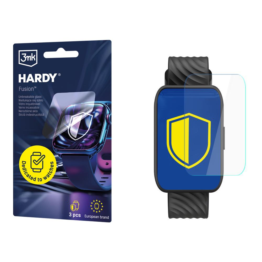 Una confezione di protezione per schermo di smartwatch con un orologio e una protezione per schermo. La confezione dice 'HARDY Fusion' e '3 pezzi'.