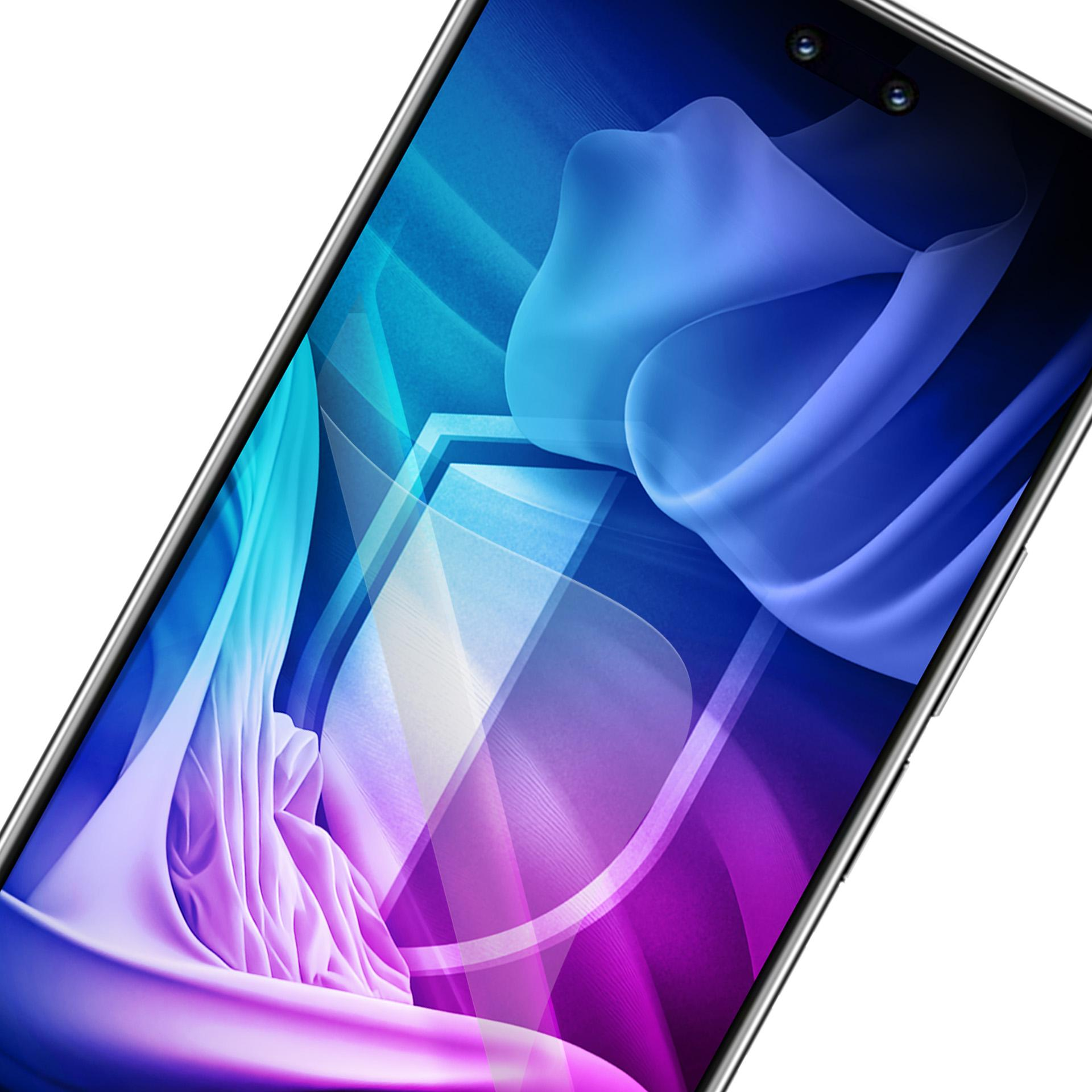 Schermo di smartphone con design astratto blu e viola. La parte superiore ha un ritaglio per la fotocamera. La cornice del telefono è argentata.