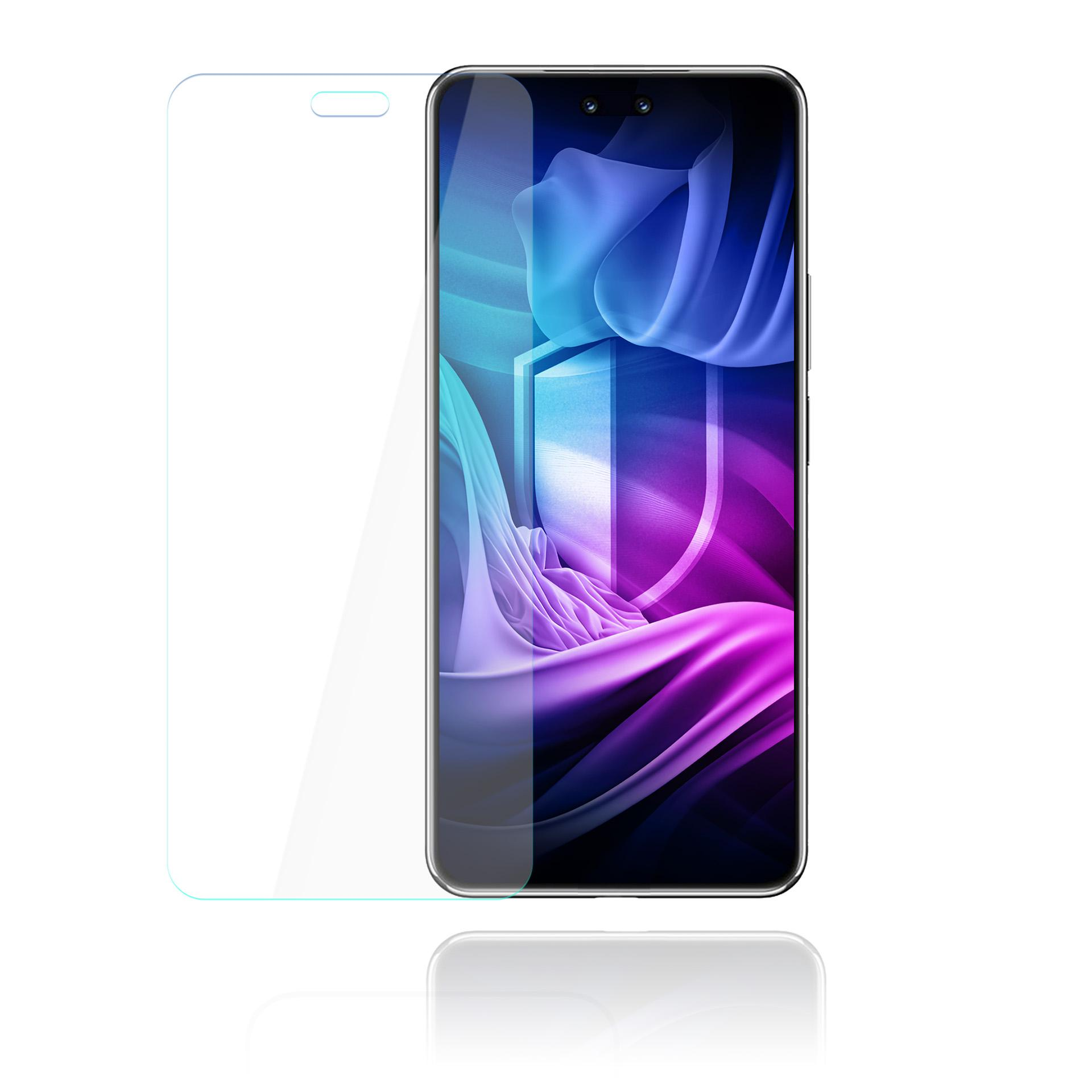 Uno smartphone con protezione schermo. Lo schermo mostra un design astratto blu e viola. La protezione è trasparente.