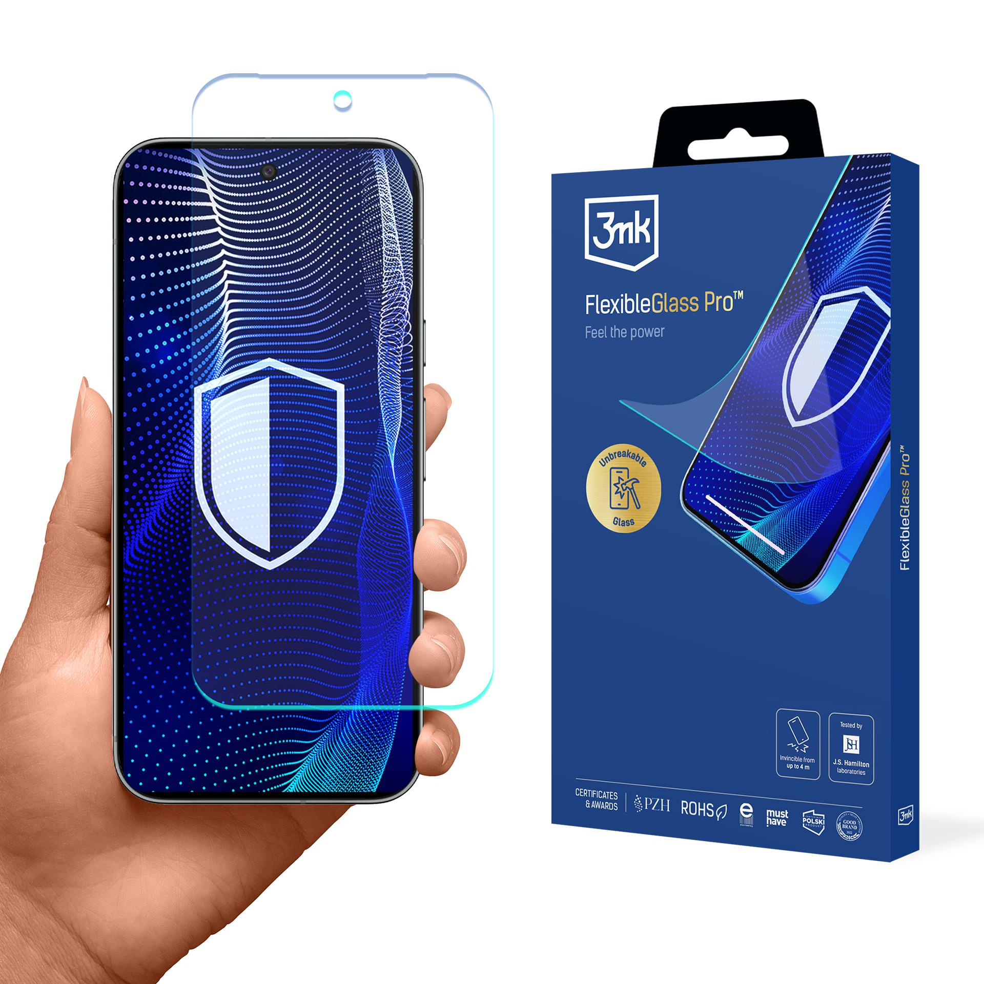 Ręka trzyma telefon z ochraniaczem ekranu i pudełkiem 3mk FlexibleGlass Pro. Obecne są kolory niebieski i biały.