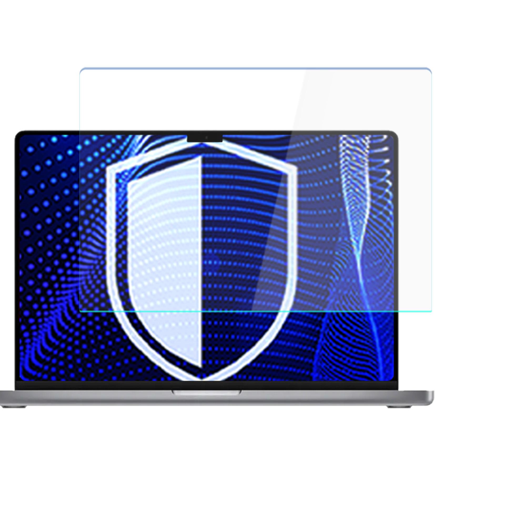 Laptop con protezione schermo. Lo schermo mostra un design a scudo blu.