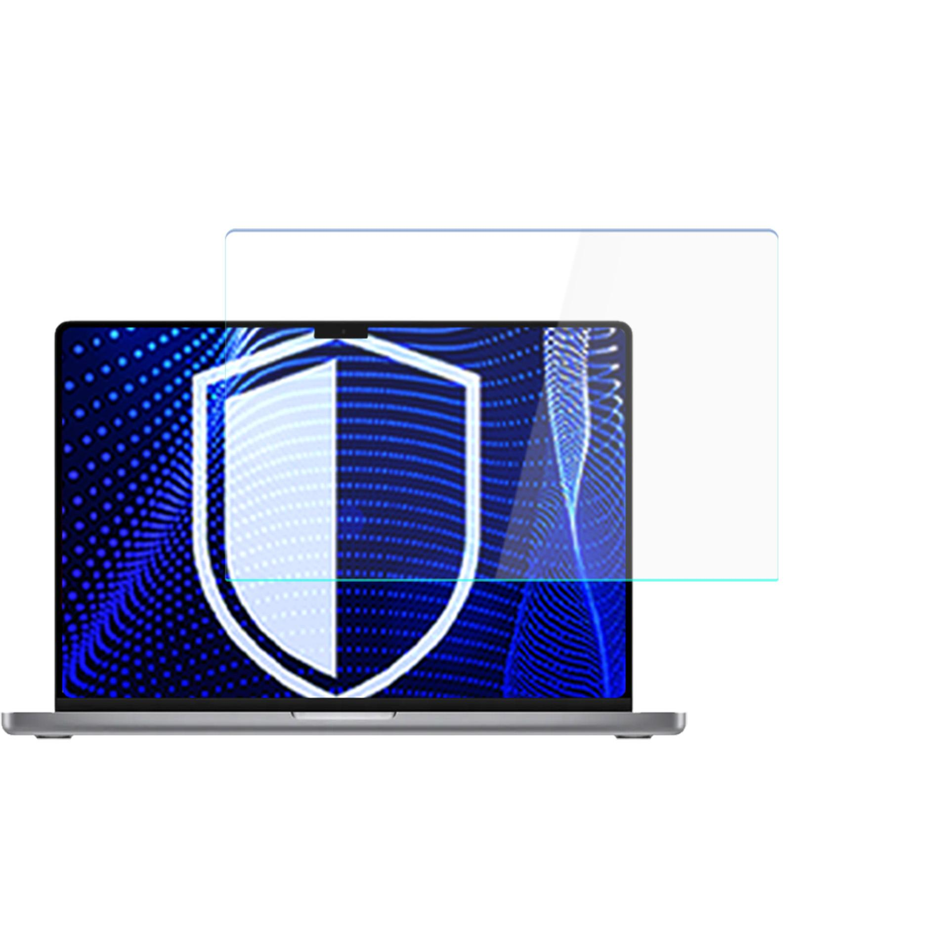 Un laptop con protezione schermo. Lo schermo mostra un logo a scudo su sfondo blu a onde.