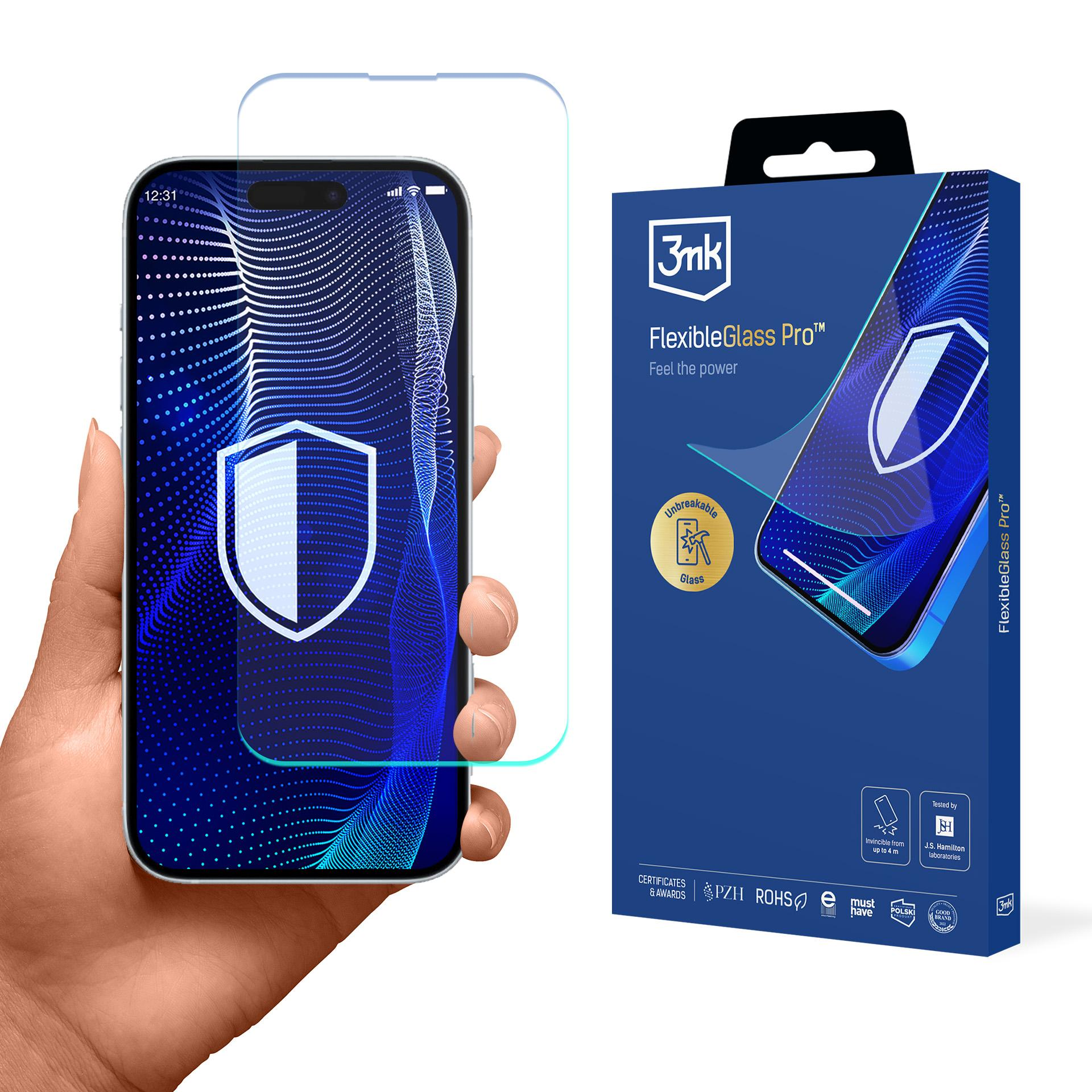 Una mano tiene un telefono con protezione schermo. Una scatola mostra lo stesso telefono e il marchio 3mk.