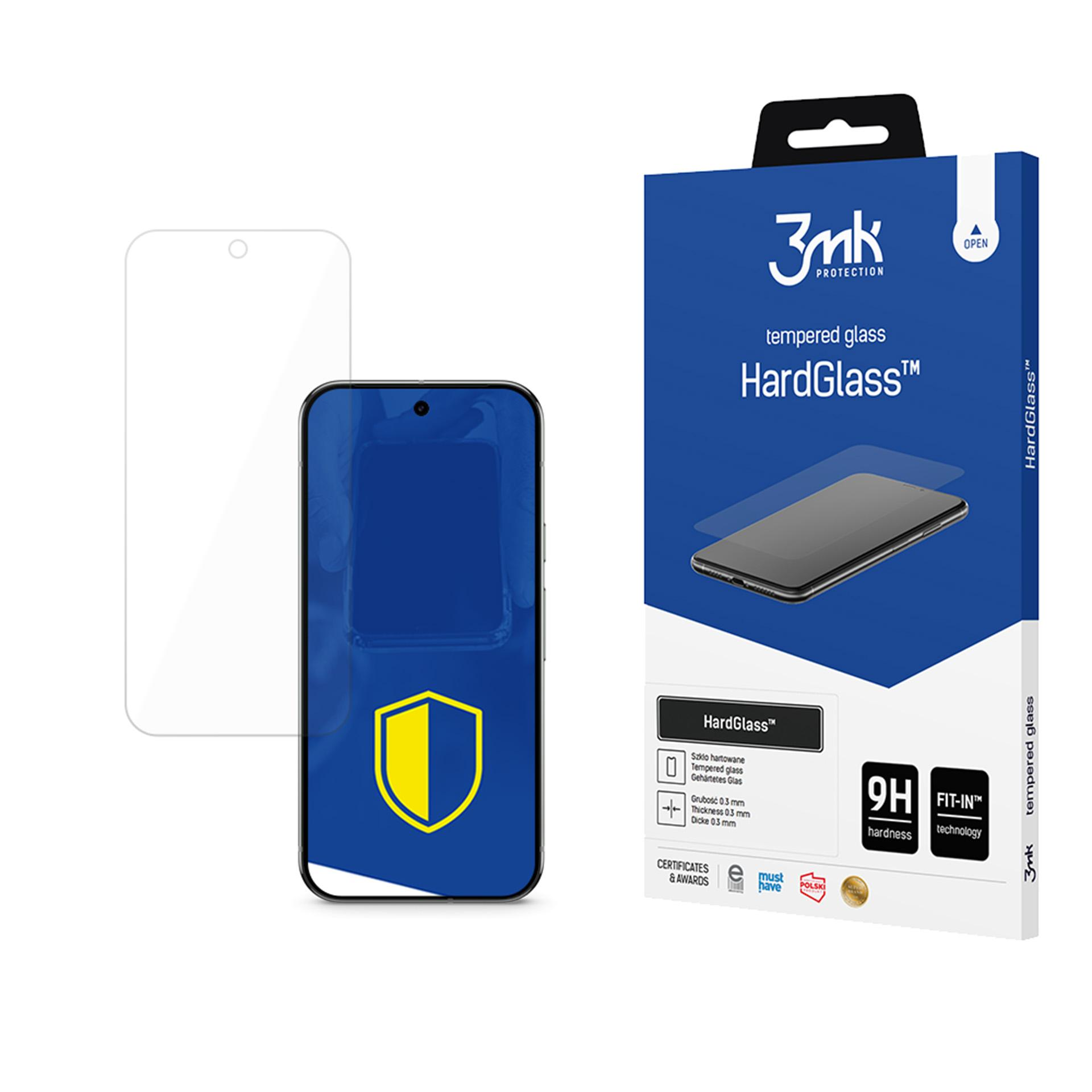 Sono mostrati un telefono e una scatola di protezione dello schermo. La scatola dice HardGlass. Il telefono è blu e ha uno scudo giallo.