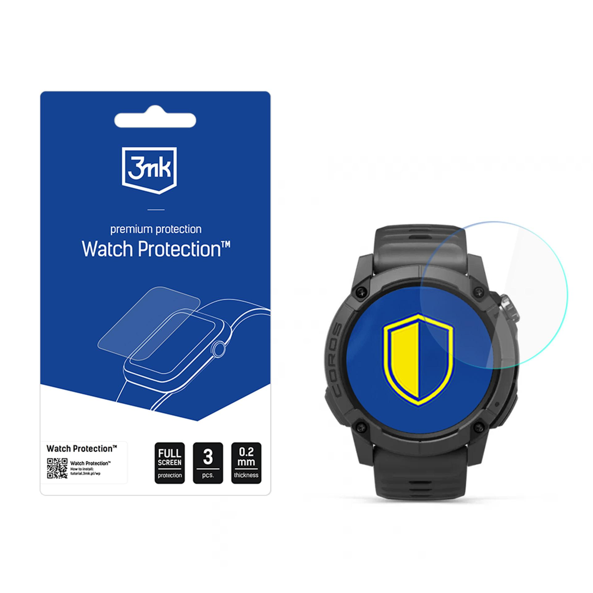Un orologio e una confezione di protezione dello schermo. L'orologio è nero con uno scudo blu e giallo sullo schermo, un protettore è sopra.