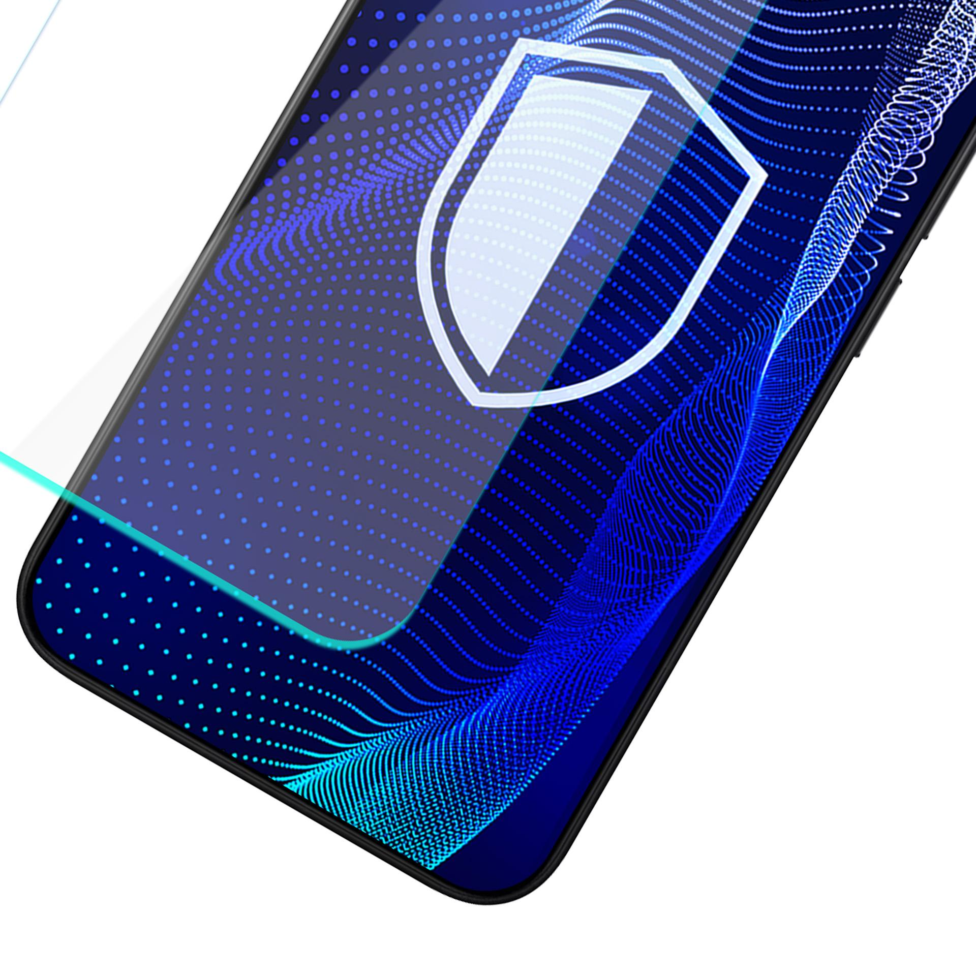 Smartfon z ochraniaczem ekranu. Biała ikona tarczy na ekranie, z falistym niebieskim wzorem w tle.