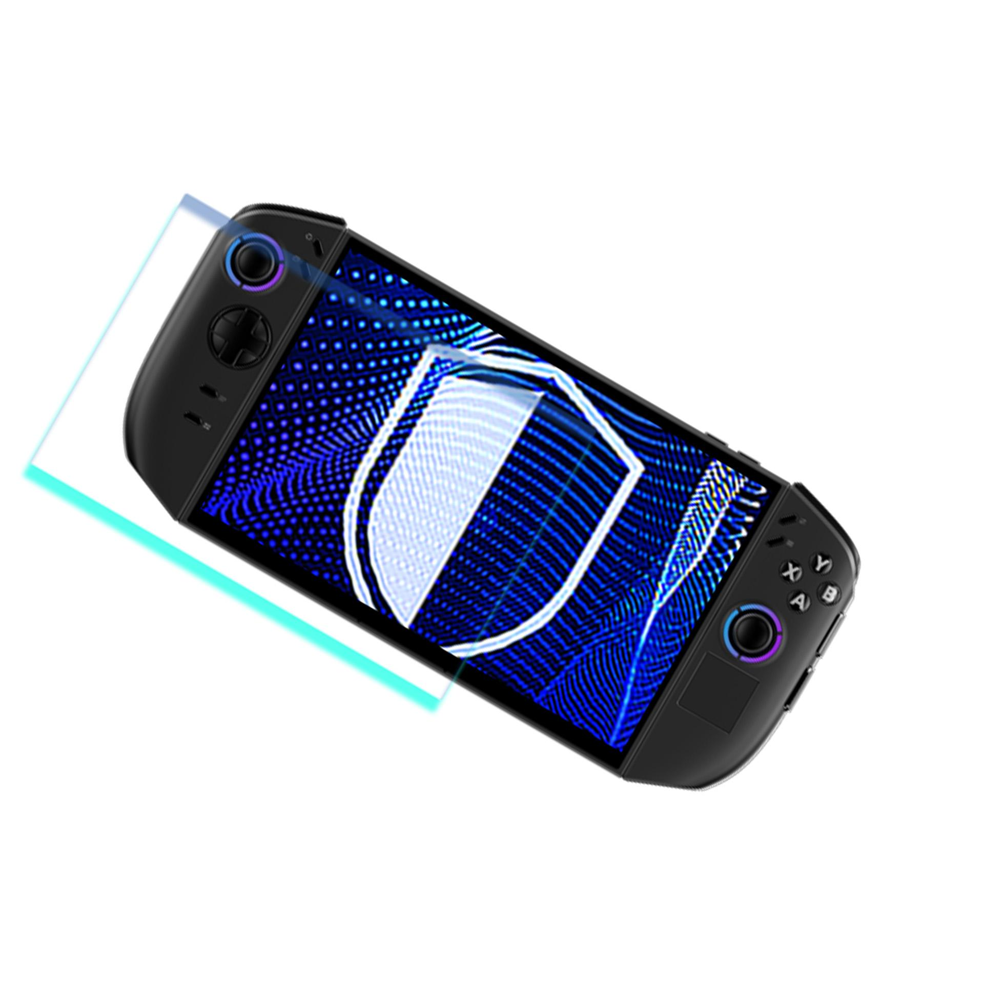 Una consola de juegos portátil, negra, con pantalla que muestra un diseño de escudo. Un protector de pantalla está delante.