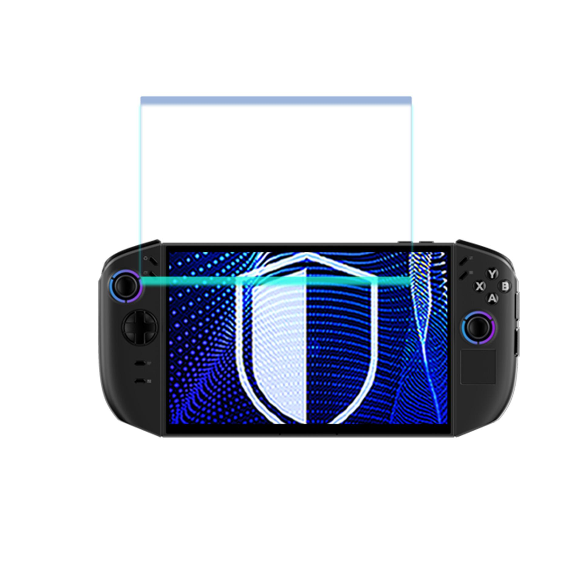Consola de juegos portátil con protector de pantalla. La pantalla muestra un escudo con fondo azul. Cuerpo negro, botones visibles.