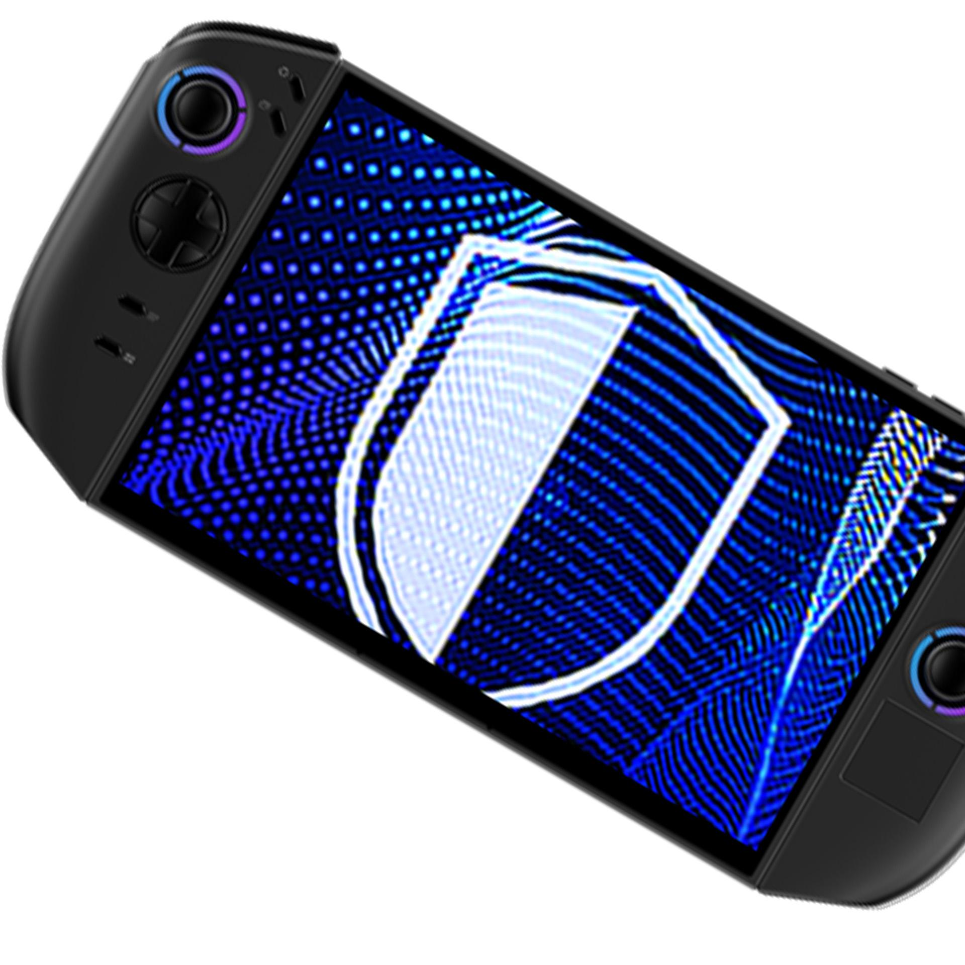 Consola de juegos portátil negra con pantalla azul que muestra un diseño de escudo blanco.