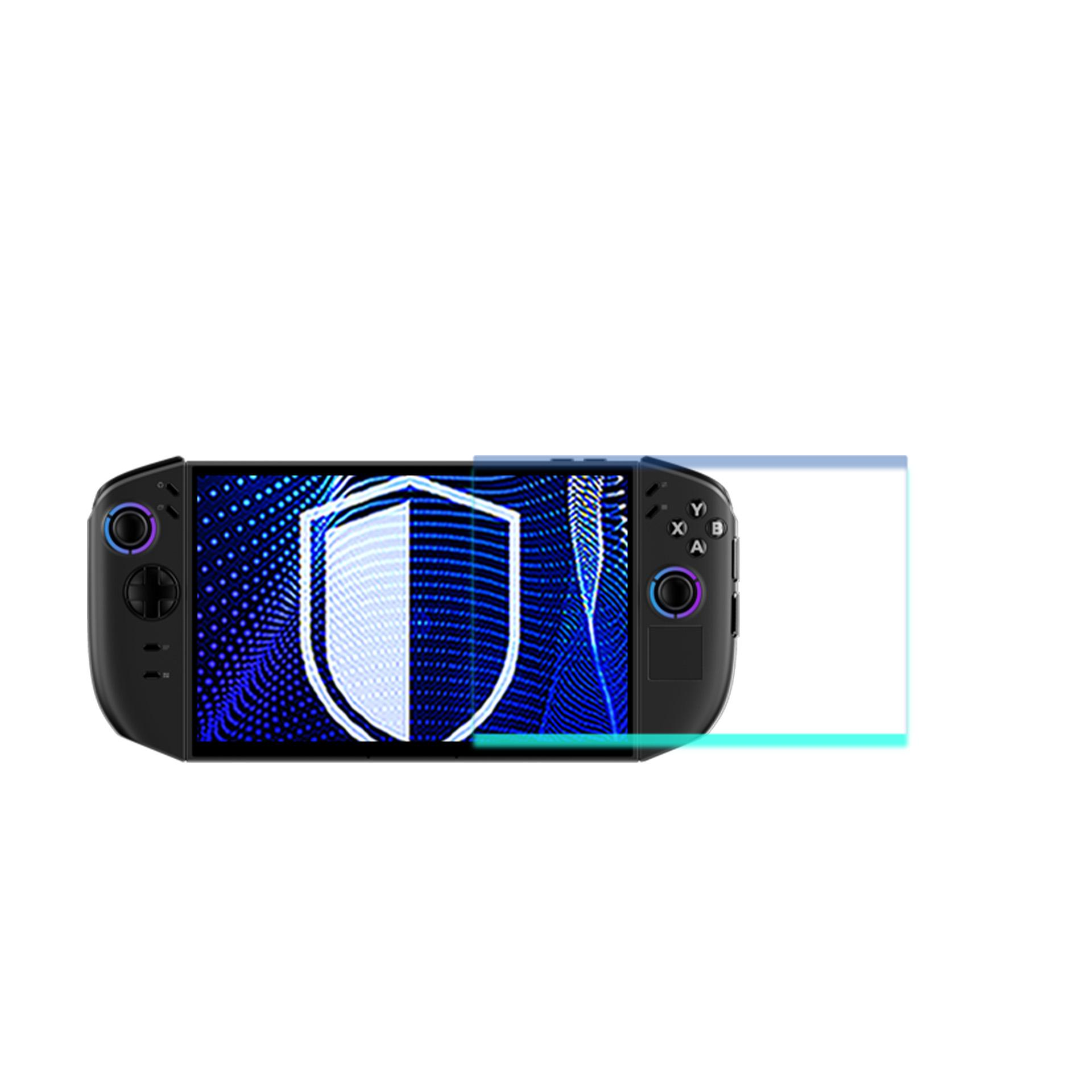 Consola de juegos portátil con pantalla que muestra un gráfico de escudo. La consola es negra.