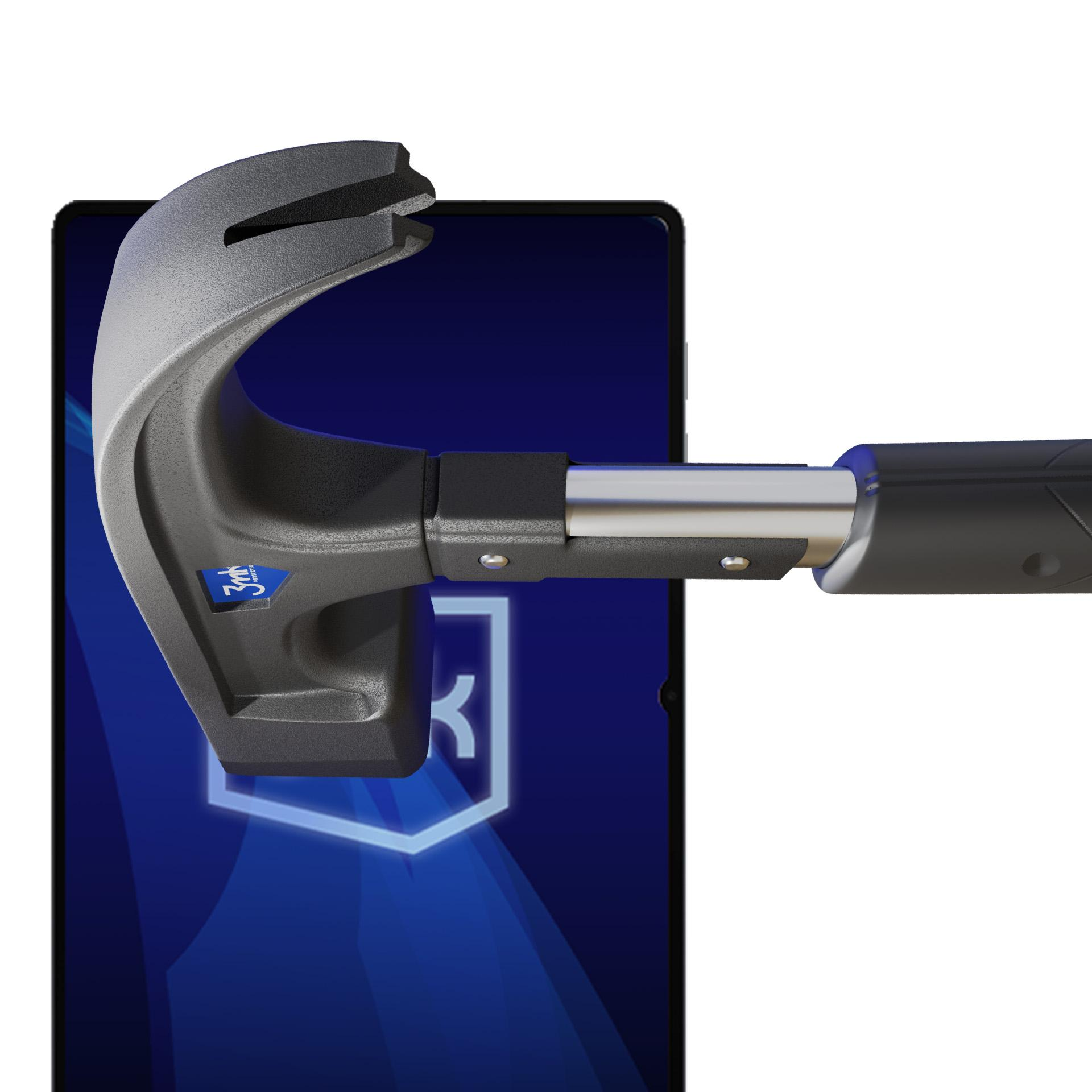 Szary łom jest umieszczony nad tabletem z niebieskim tłem. Łom ma czarny uchwyt.