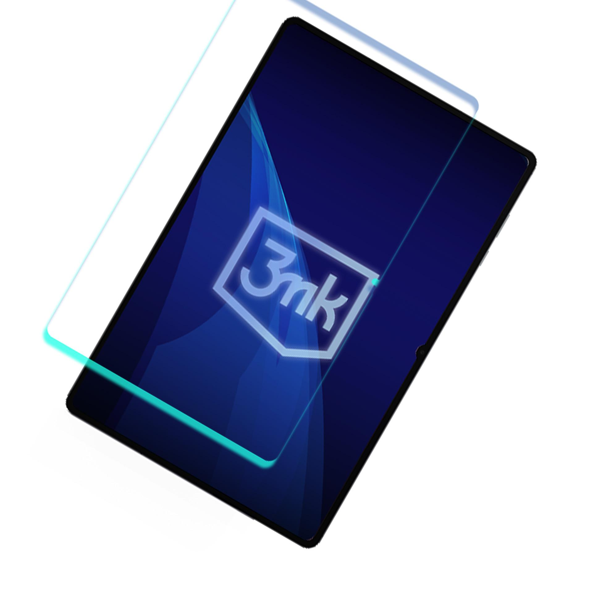 Tablet z ochraniaczem ekranu. Ekran ma logo i ciemnoniebieskie tło. Ochraniacz jest nieco nad ekranem.