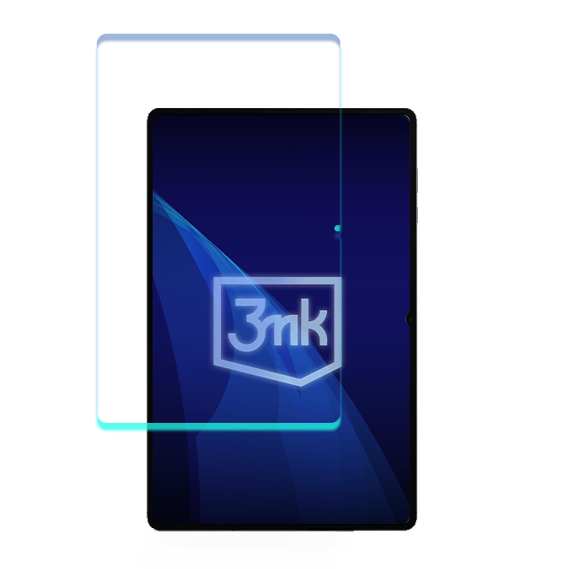 Tablet z ochraniaczem ekranu. Ochraniacz ekranu jest jasnoniebieski. Tablet jest czarny z logo 3nk.