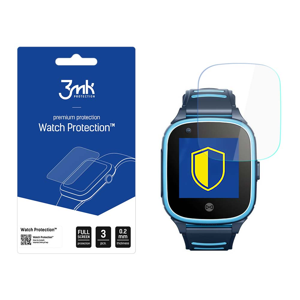 Uno smartwatch blu con una protezione per lo schermo e una confezione blu per la protezione dell'orologio. La confezione ha il logo del marchio e il nome del prodotto.