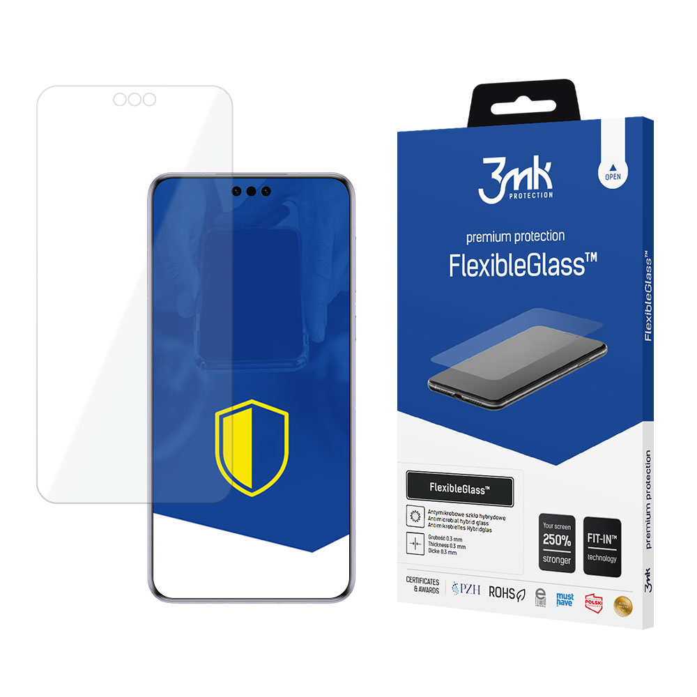 Un proteggi schermo e un telefono sono mostrati con una scatola blu con l'etichetta FlexibleGlass. Il proteggi schermo è trasparente.