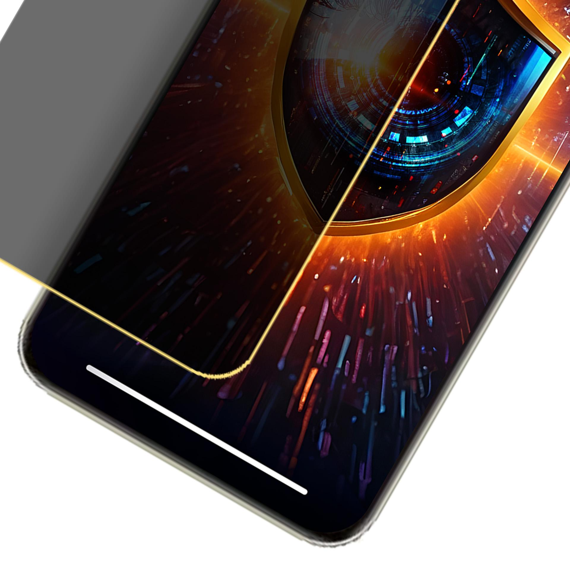 Telefono con interfaccia futuristica. Design a scudo dorato, colori vivaci e protezione schermo.