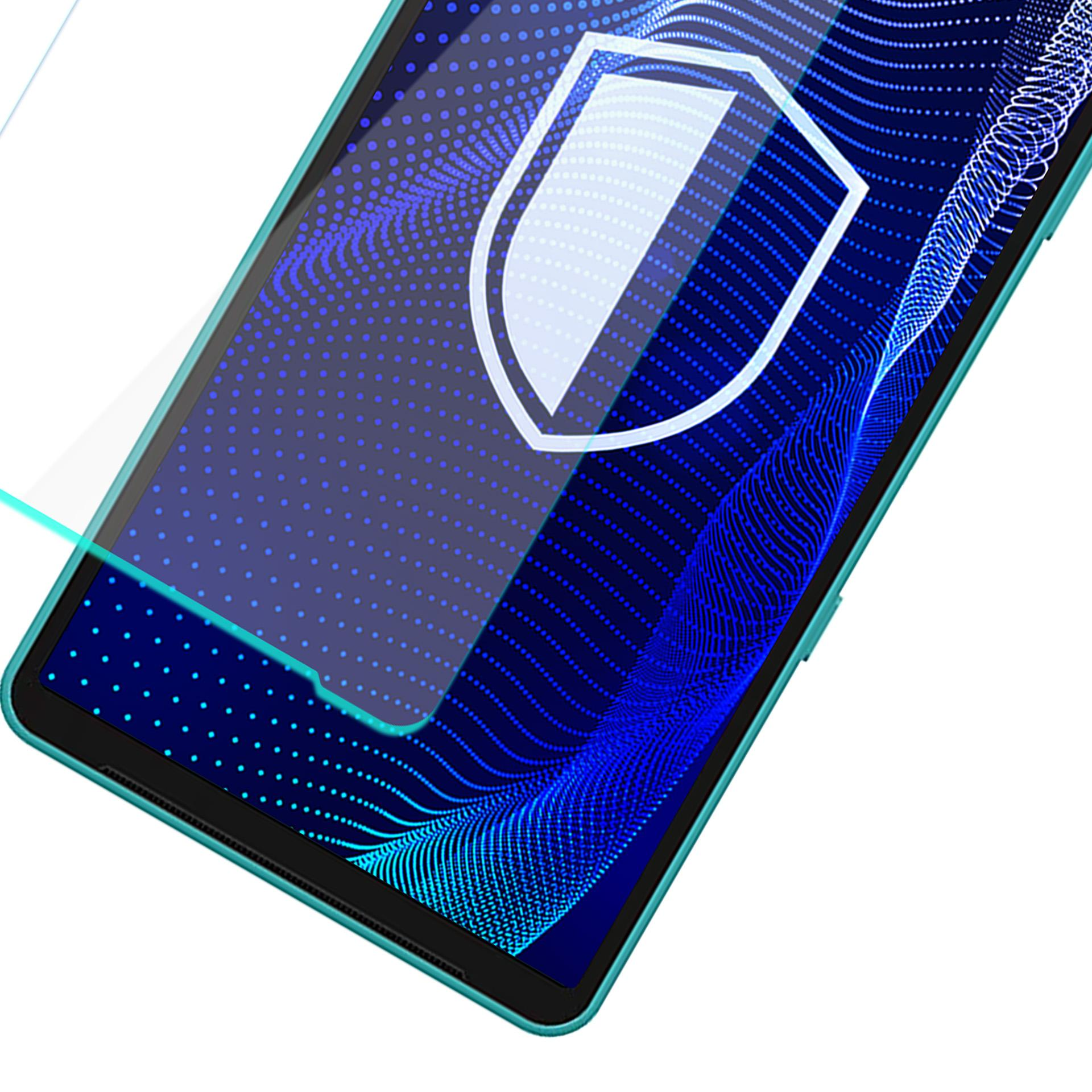 Ekran tabletu z ikoną tarczy, wzorem kropek i osłoną ekranu. Krawędź jest turkusowa, a ekran ciemnoniebieski.