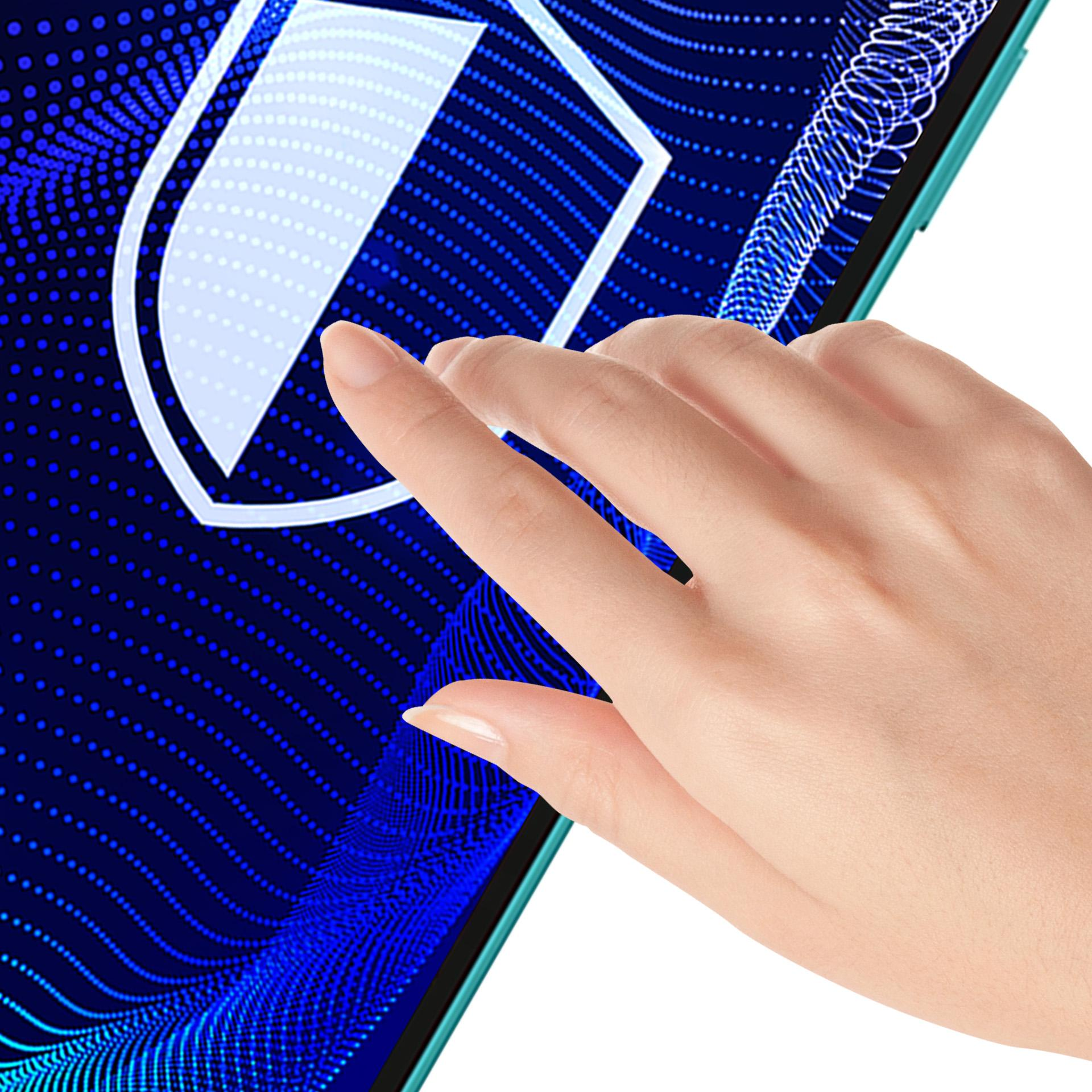 Dłoń dotyka ekranu z ikoną tarczy. Ekran ma niebieskie kropki i linie.