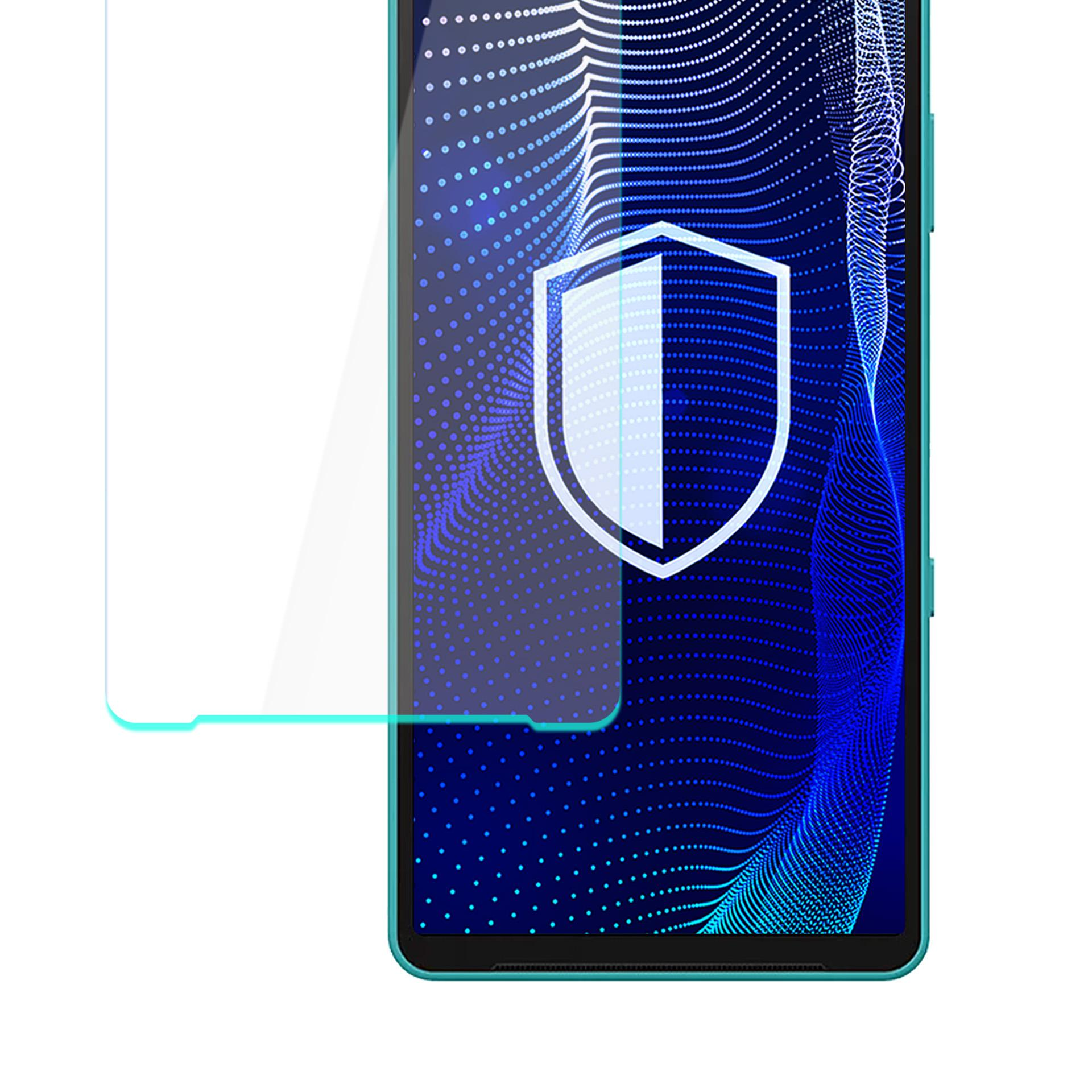 Telefon z ochroną ekranu. Ekran pokazuje niebieski wzór z białą tarczą. Telefon ma turkusową ramkę.