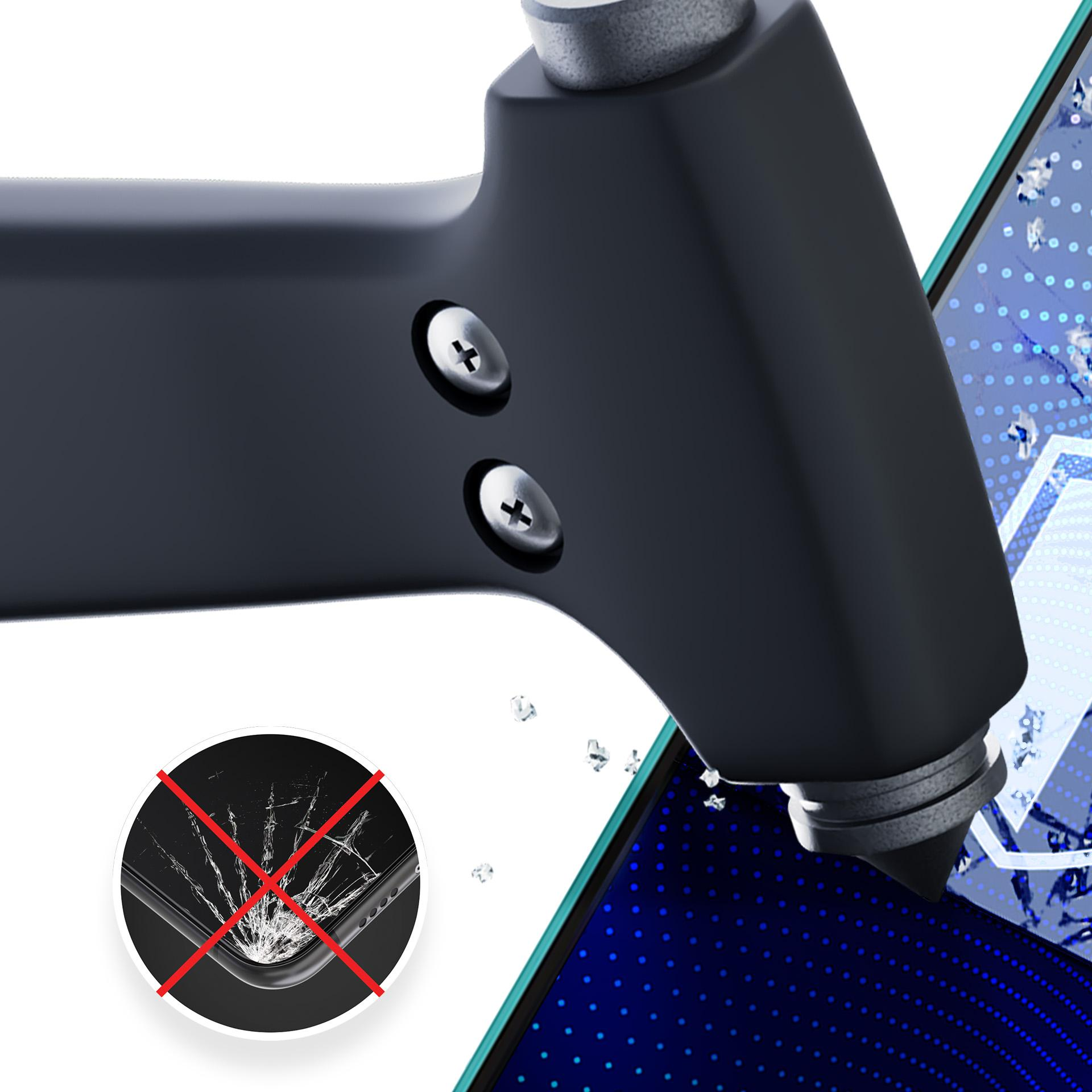 Ekran telefonu uderzony młotkiem, z obrazem pękniętego ekranu. Młotek jest czarny i srebrny.