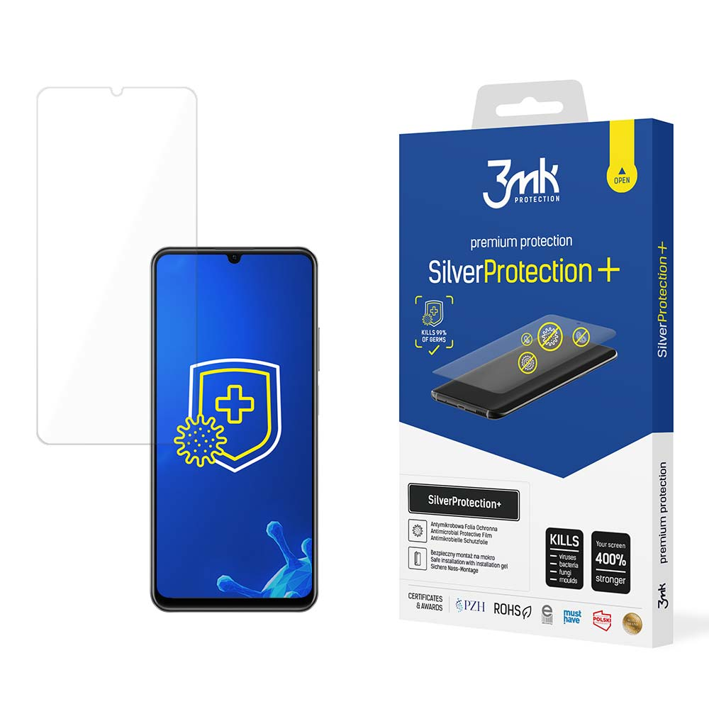 Una scatola di protezione dello schermo del telefono e un telefono con un proteggi schermo. La scatola dice SilverProtection+.