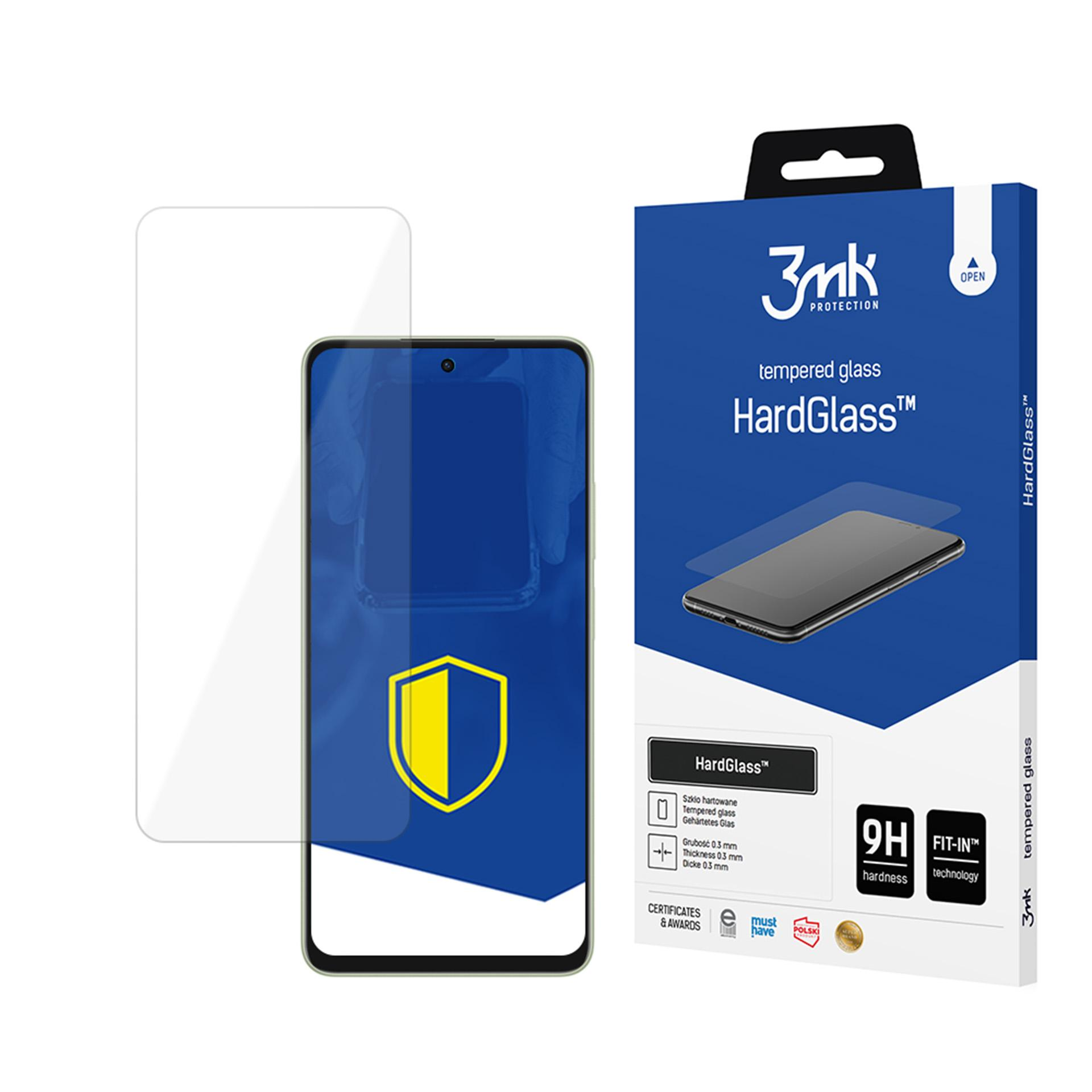 Un proteggi schermo e un telefono accanto a una scatola blu e bianca. La scatola pubblicizza il vetro temperato HardGlass.