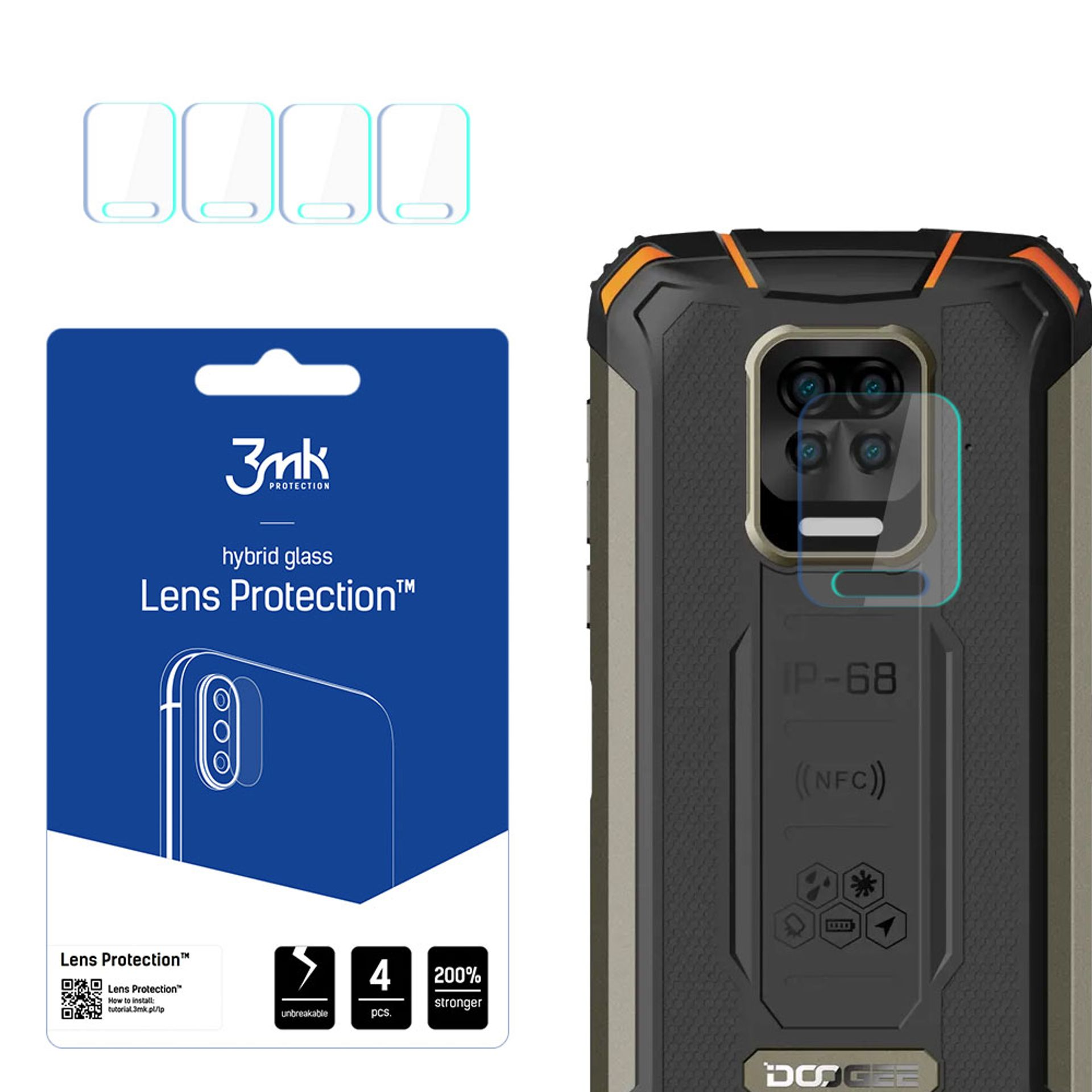 Un telefono e delle protezioni per lo schermo sono visualizzati. Le protezioni sono per le lenti del telefono. Il telefono è nero.