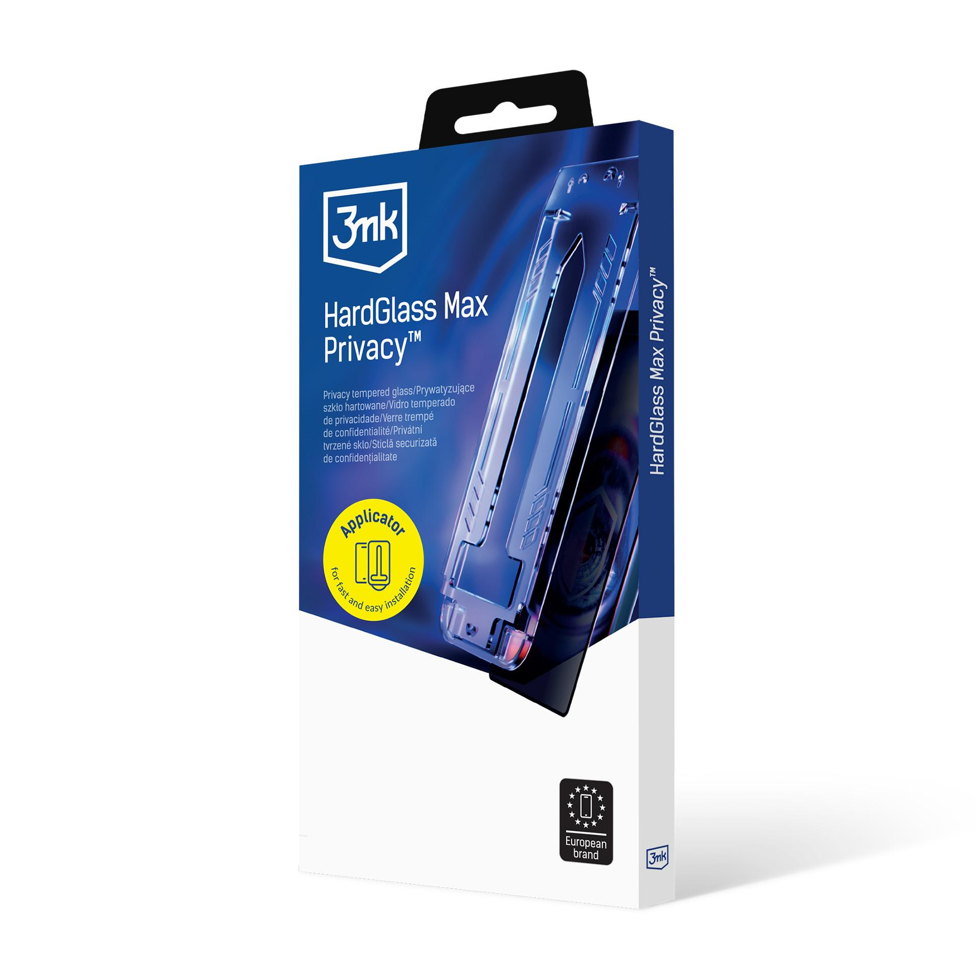 Caja de protector de pantalla 3mk HardGlass Max Privacy. Empaque azul y blanco con detalles del producto y logo.