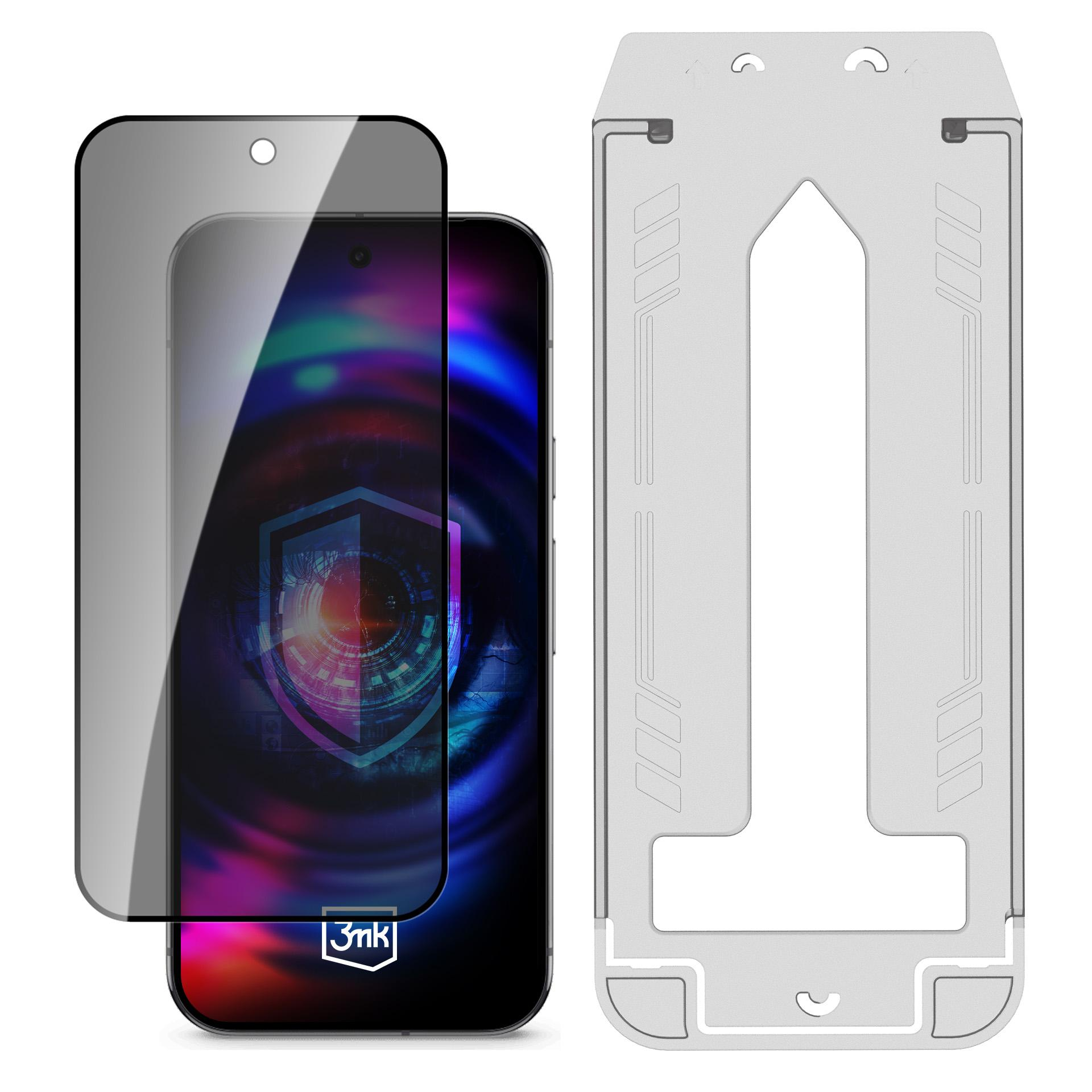 Un teléfono con protector de pantalla y un soporte plateado sobre un fondo blanco. El teléfono muestra un diseño colorido.