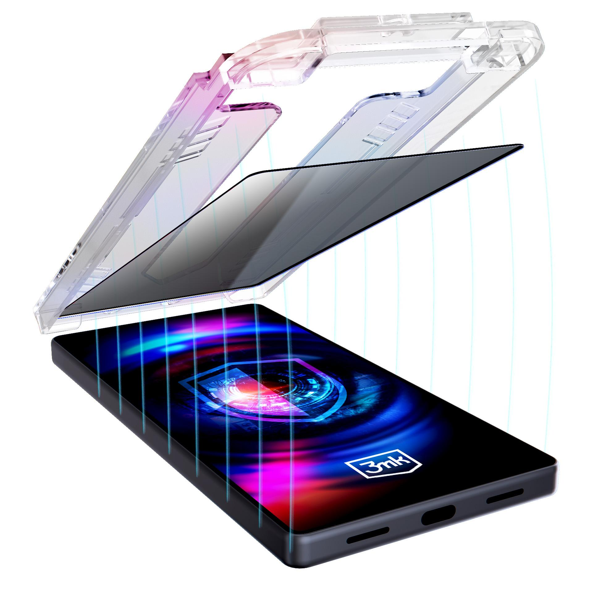 Un teléfono con protector de pantalla y una funda transparente. El teléfono tiene una pantalla colorida y un logotipo.