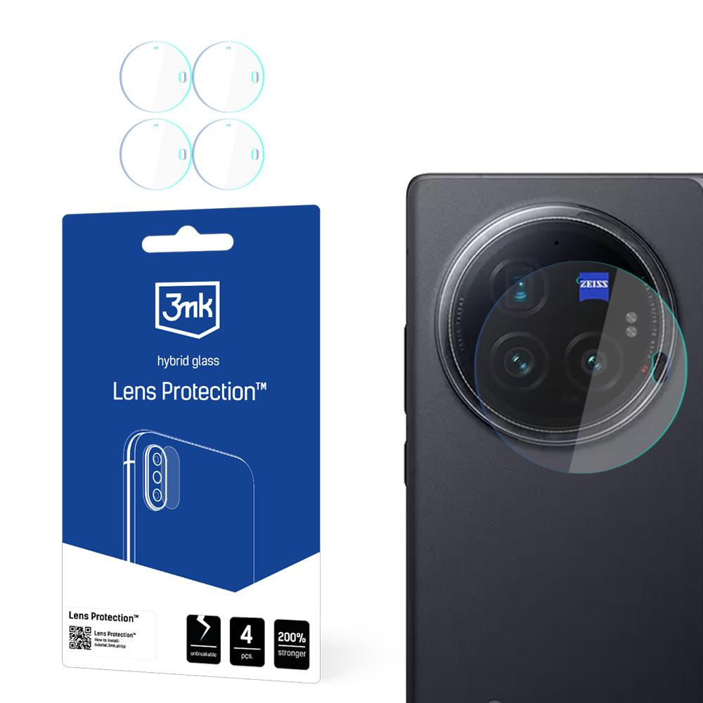 Un telefono e protezioni per lenti sono mostrati. Il telefono ha una fotocamera grande. Una confezione mostra la protezione delle lenti, con 4 protezioni.