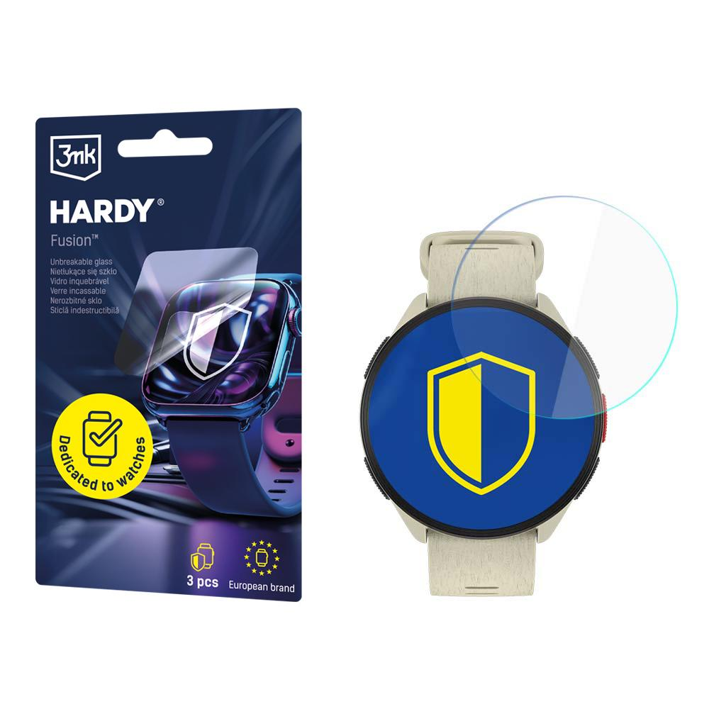 Smartwatch i opakowanie ochraniacza ekranu. Zegarek ma niebieską tarczę z żółtym wzorem tarczy. Opakowanie przedstawia zegarek.