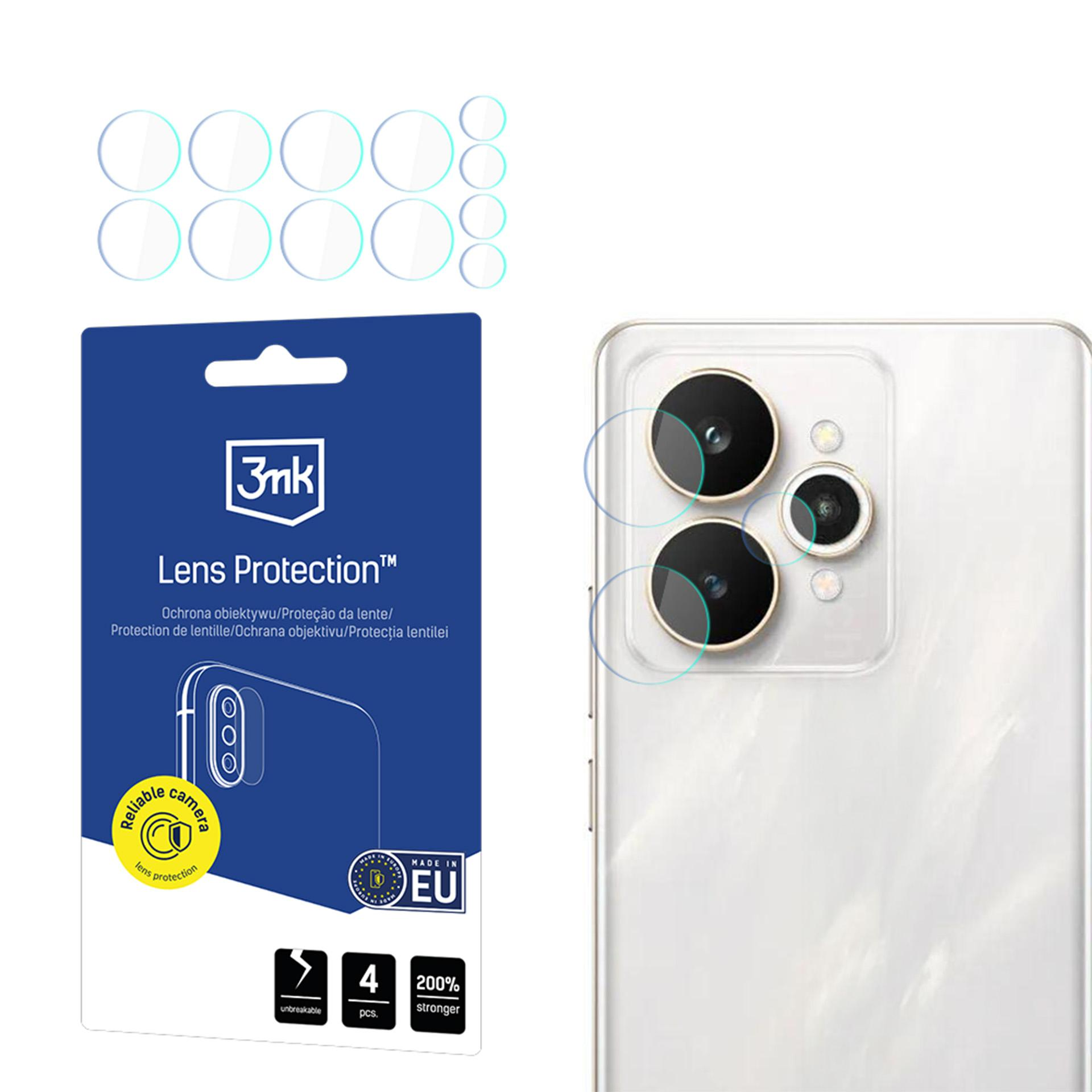 Un telefono con protezioni per lenti e una confezione con il marchio '3mk Lens Protection', blu e bianco.