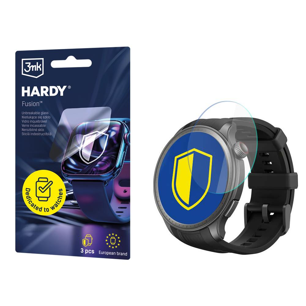 Smartwatch z ochraniaczem ekranu i opakowanie ochraniaczy ekranu. Na opakowaniu napisano 'HARDY Fusion' i 'Unbreakable glass'.