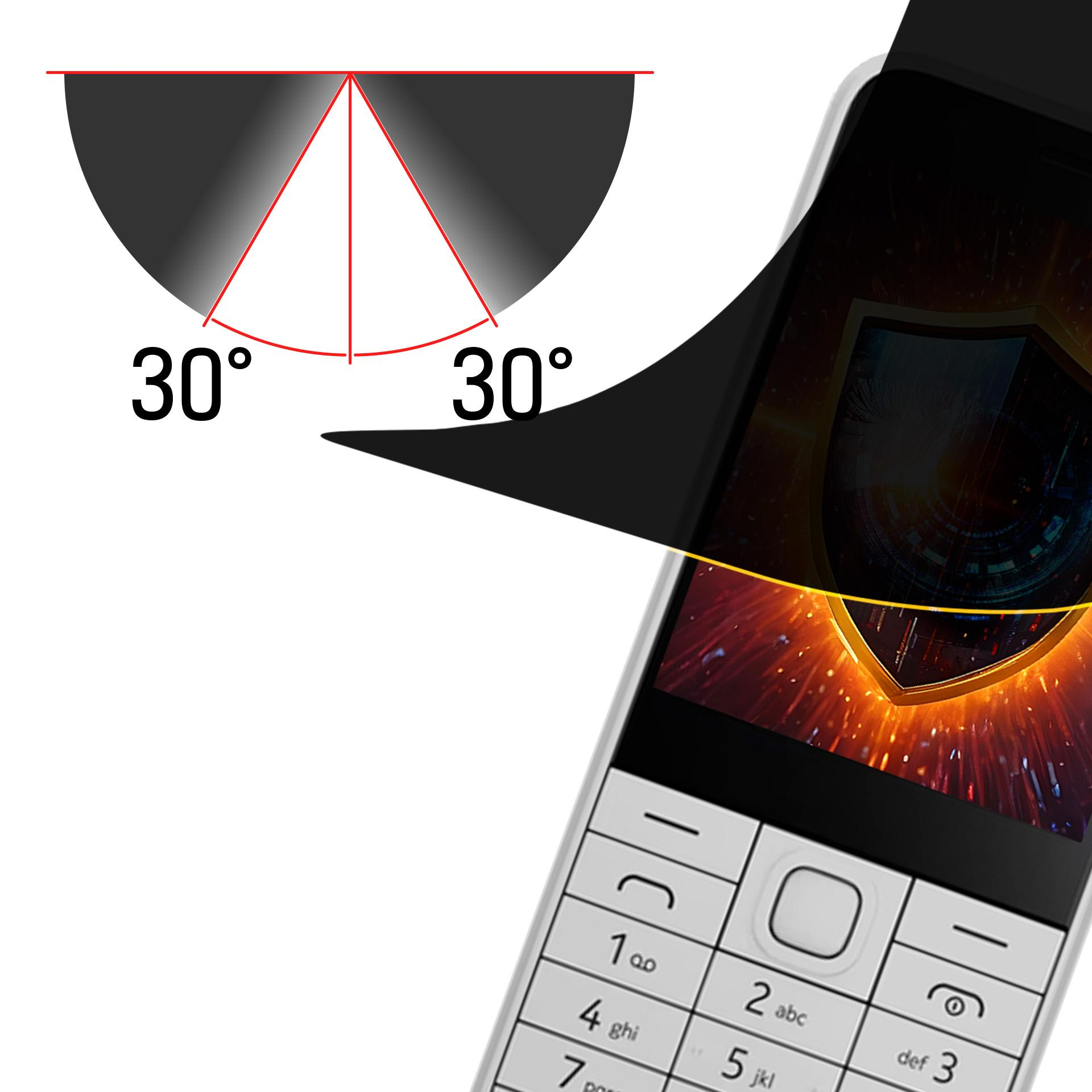 L'immagine mostra un telefono con una grafica a scudo sullo schermo. Gli angoli sono misurati a 30 gradi. La tastiera del telefono è visibile.