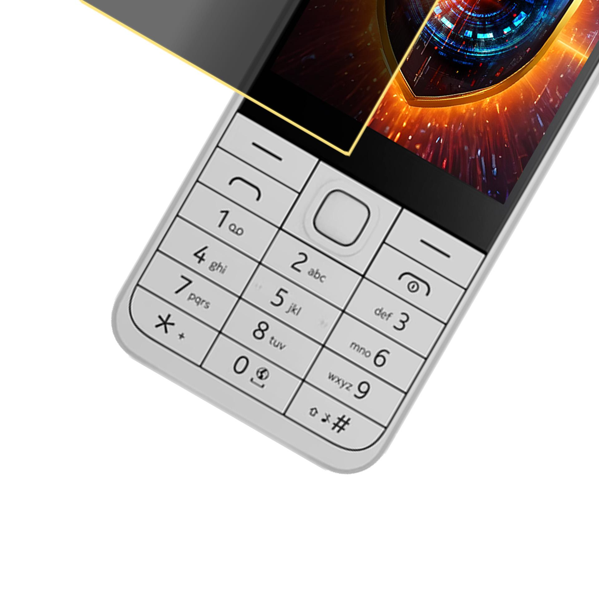 Primo piano di un telefono cellulare con tastiera bianca. Lo schermo mostra una grafica colorata. Il telefono è angolato.