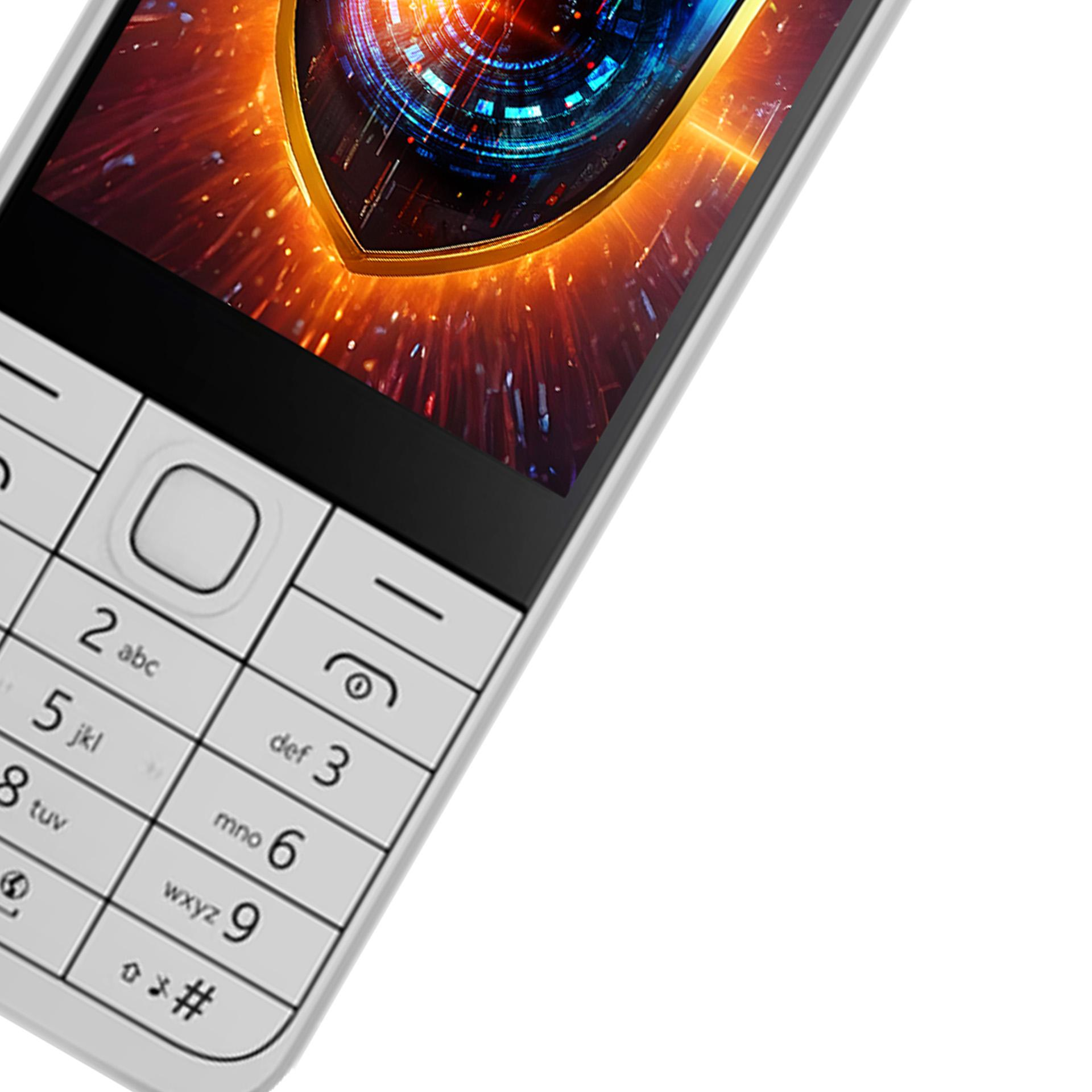 Primo piano di un telefono con tastiera bianca. Lo schermo mostra una grafica a scudo colorata. Il telefono è angolato.