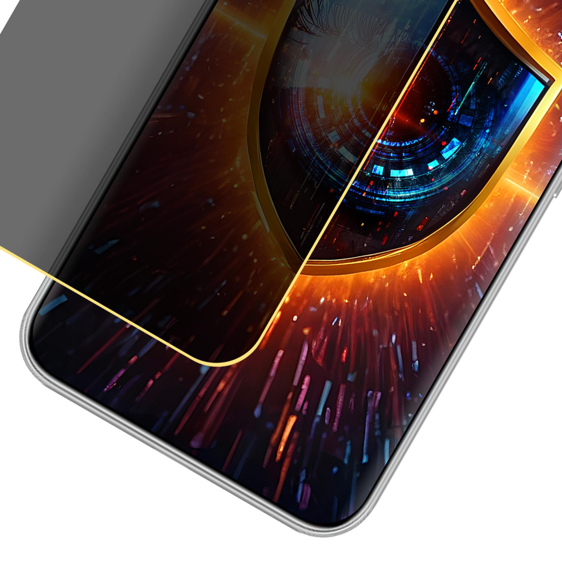 Schermo del telefono con un design a occhio digitale, incorniciato da un bordo dorato e un overlay per la privacy.