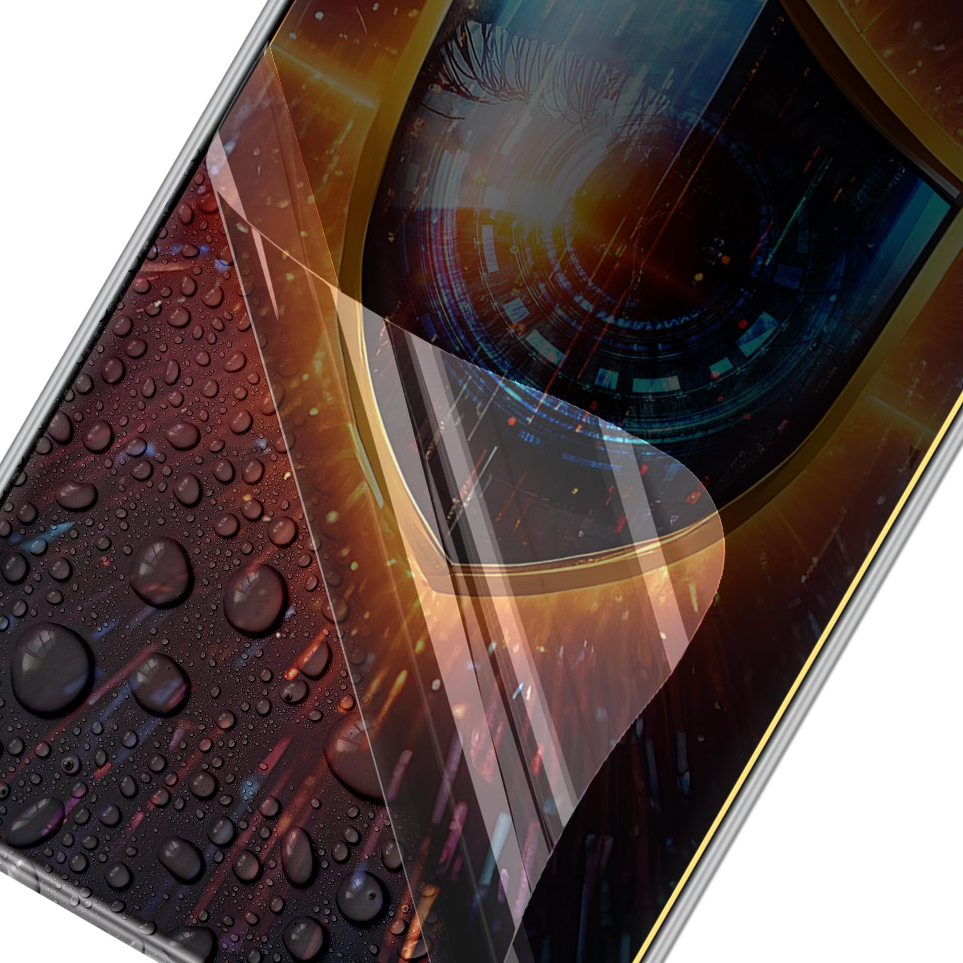 Immagine astratta con occhio e gocce d'acqua sullo schermo. Design dell'occhio all'interno dello schermo del telefono.