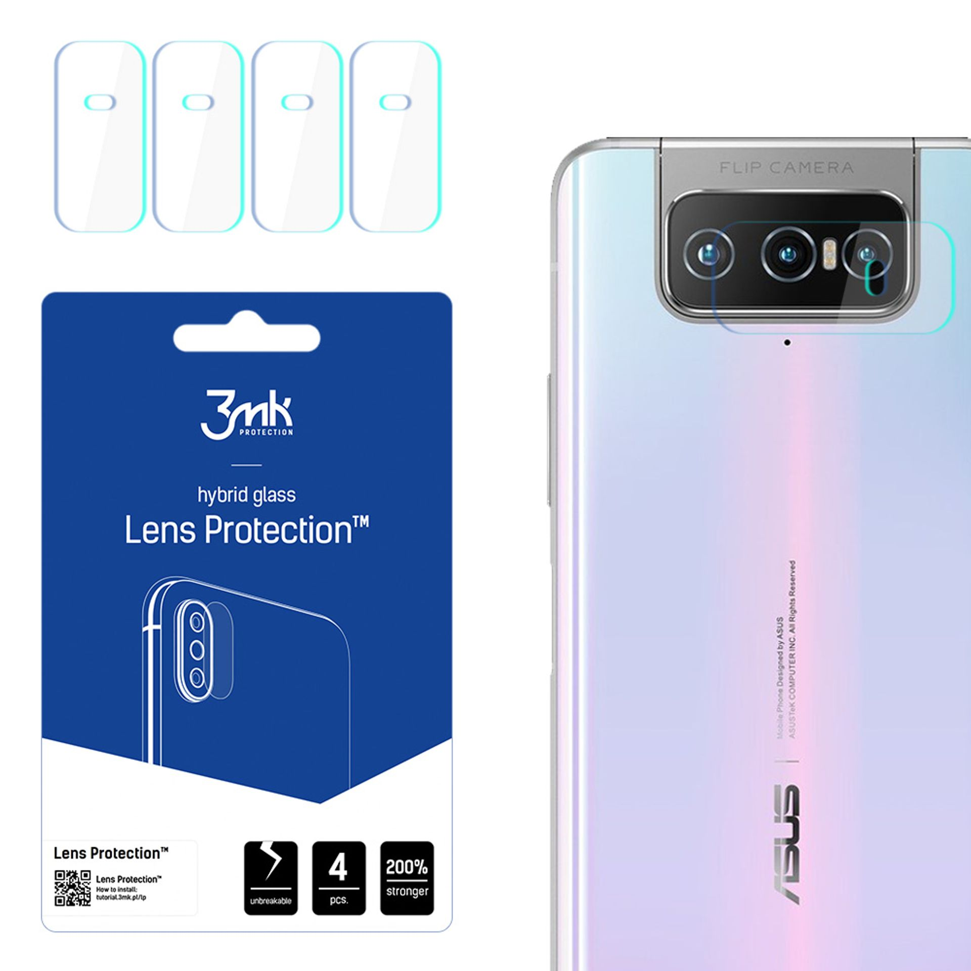 Un telefono e protezioni per lo schermo sono mostrati. Una confezione blu mostra la protezione dell'obiettivo. Il telefono è bianco.