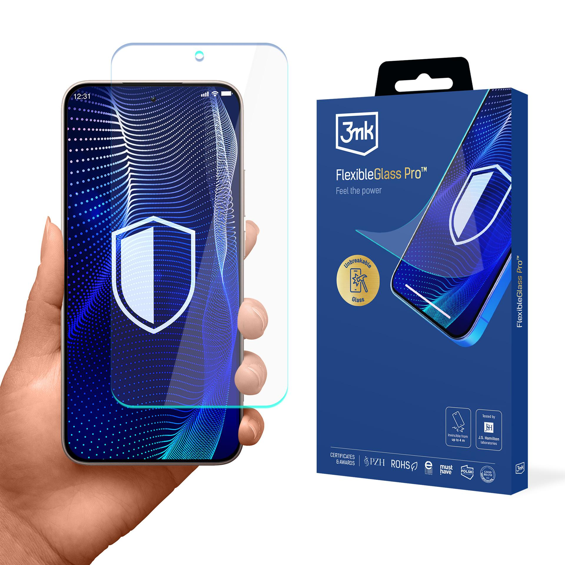 Una mano che tiene un telefono con una protezione per lo schermo accanto a una scatola del prodotto. La scatola dice FlexibleGlass Pro.