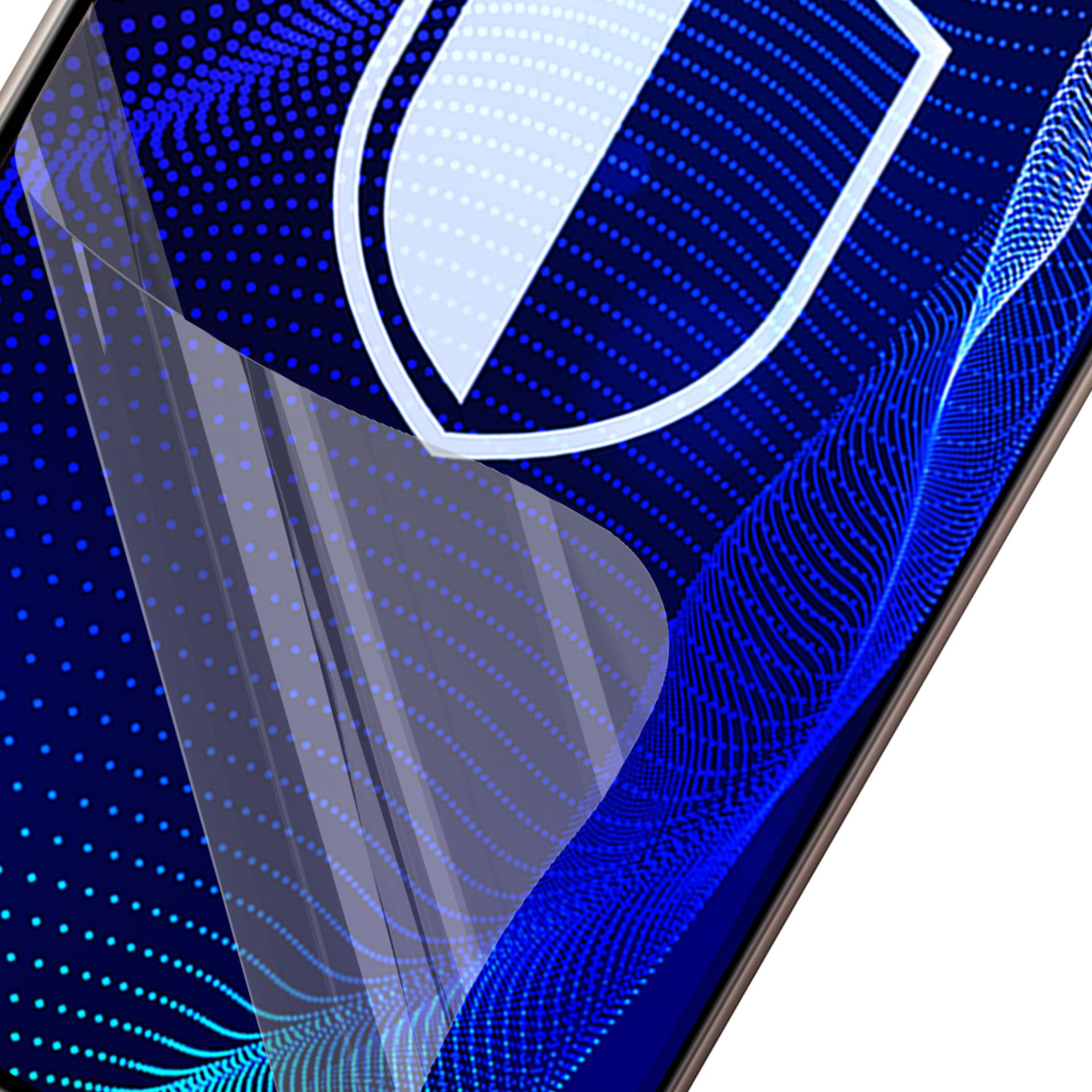 Un protettore schermo per telefono su uno sfondo blu con un design a scudo, punti blu e un motivo a onde.