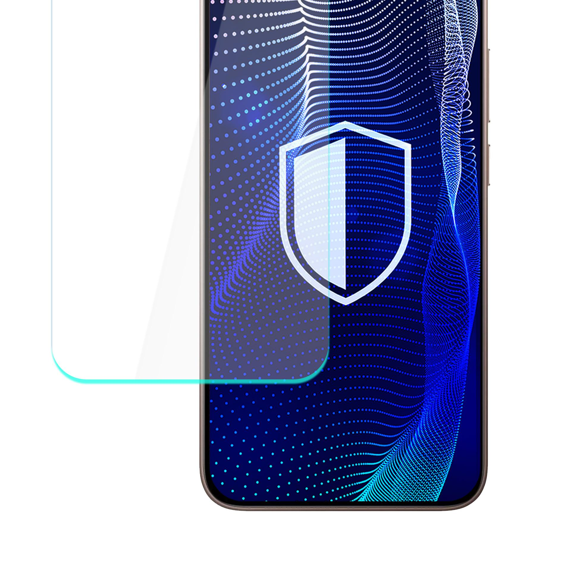 Uno schermo del telefono con uno strato protettivo. Un'icona a scudo è sullo schermo, sopra un motivo a onde blu.