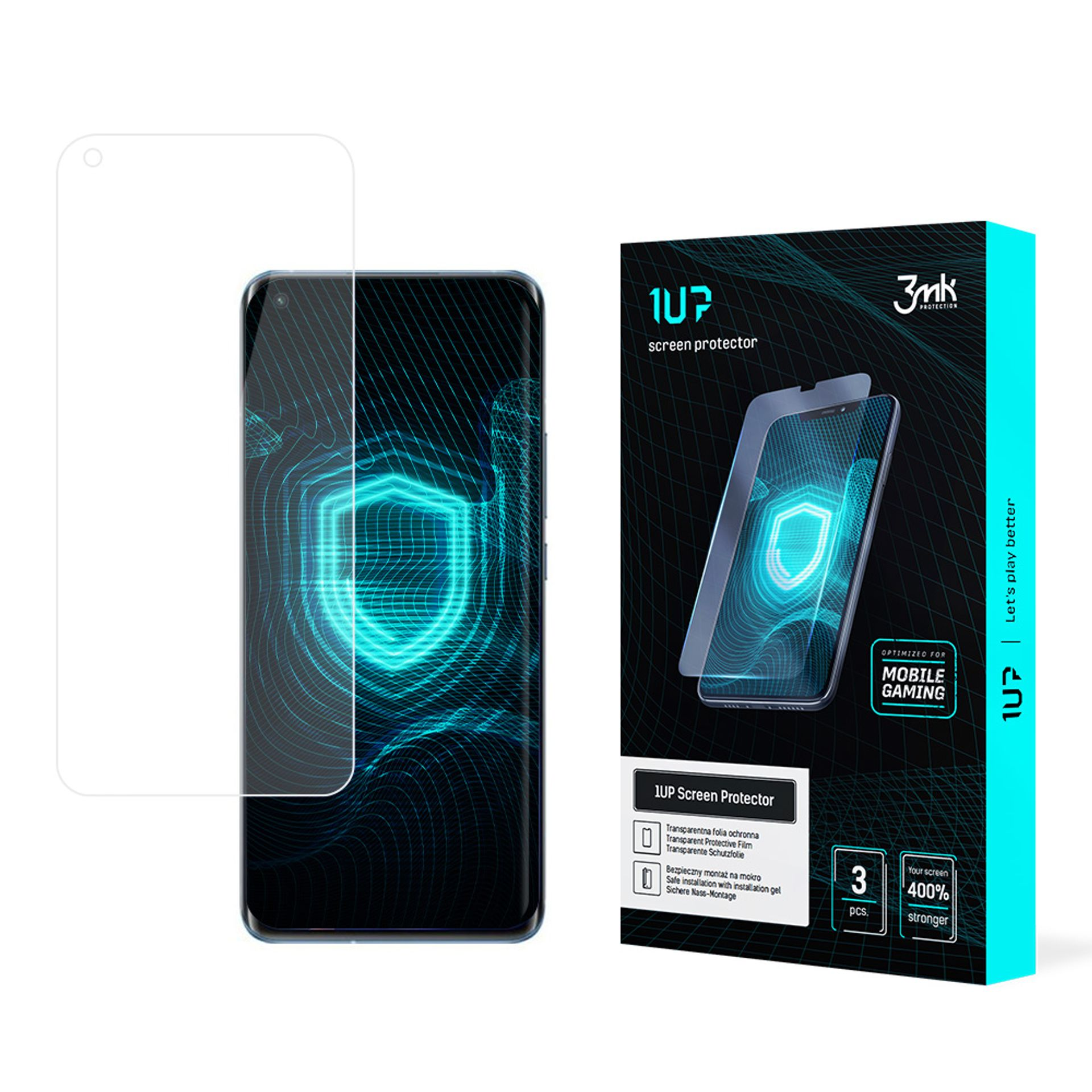 Un proteggi schermo e una scatola per telefono. Lo schermo del telefono mostra un design blu. La scatola ha un'immagine del telefono.